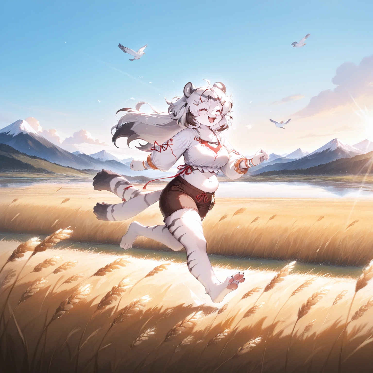 hannah,kemono,furry,anthro,main outfit,white top,brown shorts,hairclip,red ribbon,(chubby:0.8),
1girl,happy,shout,kigurumi,painting,Ink wash painting,
field,grass,blue sky,clouds,wheat,mountains in background,lake,birds,running,arms in air,full body,
masterpiece,best quality,newest,absurdres,highres,clothed,newest,scenery,(small breasts|medium breasts),sfw,sunlight,cinematic lighting,warm lighting,soft shadows,pastel colors,bare feet,four toes,<lora:Hannah_Mahjong_Soul_Illustrious_v02:0.9>,