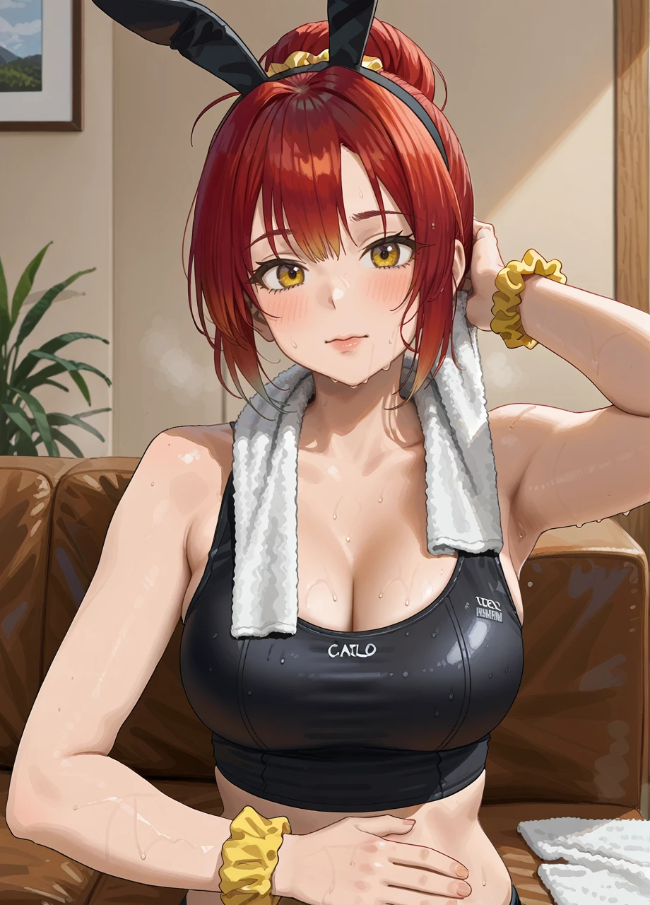 2d,carlo montie, fake animal ears, scrunchie, wrist scrunchie, hair bun, towel around neck, 1girl, closeup, gradient hair, red hair, black leather couch, large breasts, face focus, tank top, sweaty,
 <lora:Carlo_Montie_PonyXL_Style:0.825>