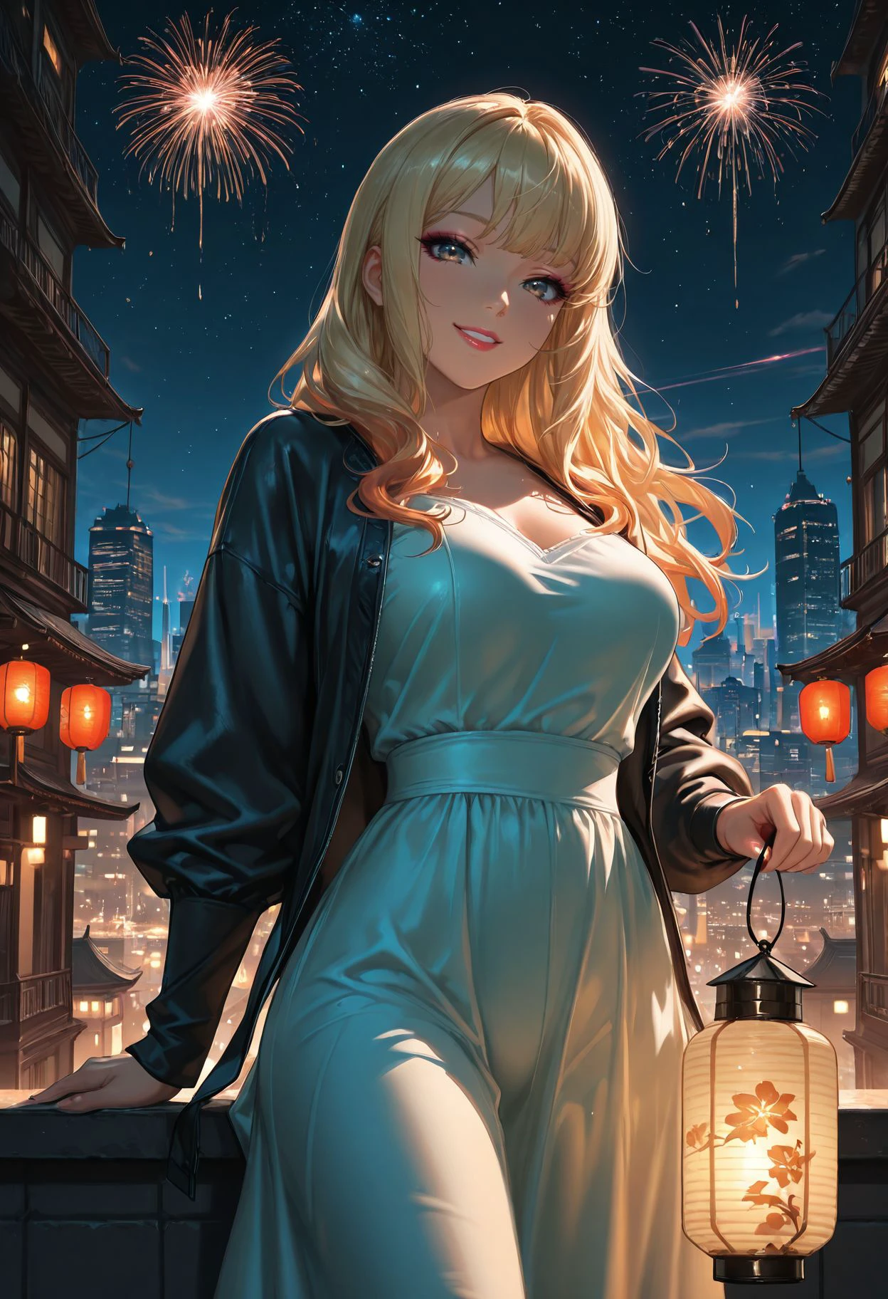 Smooth Quality - Illustrious, beautiful and intricate hair, protruding lips, lipstick, eyeliner,
1girl, happy, smile, bangs, blonde hair, breasts, building, candle, city, city lights, dress, fireworks, holding lantern, jacket, lamp, lamppost, lantern, light particles, long hair, long sleeves, looking at viewer, night, night sky, paper lantern, sky, skyscraper, solo, space, starry sky