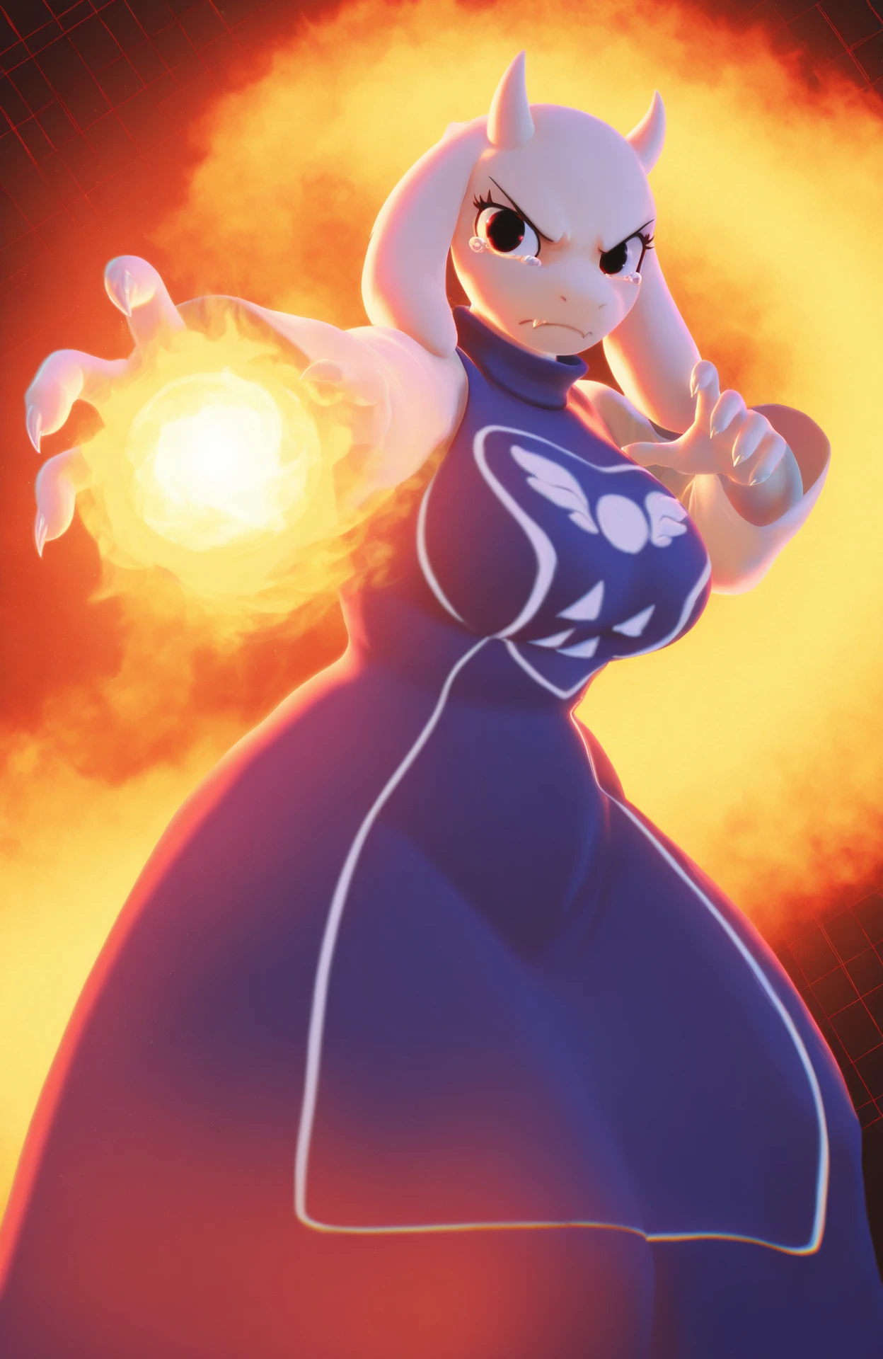 masterpiece, best quality, high quality, good quality, absurdres, newest, very awa,1girl, toriel, undertale \(series\), dramatic lighting, looking at viewer, angry, fire, magic, outstretched, claws, dress, frown, tears, chromatic aberration, grid background, backlighting, slashing, perspective, fireball <lora:BCkiwis_3D_Art_Style_ILNOOB-000014:1>