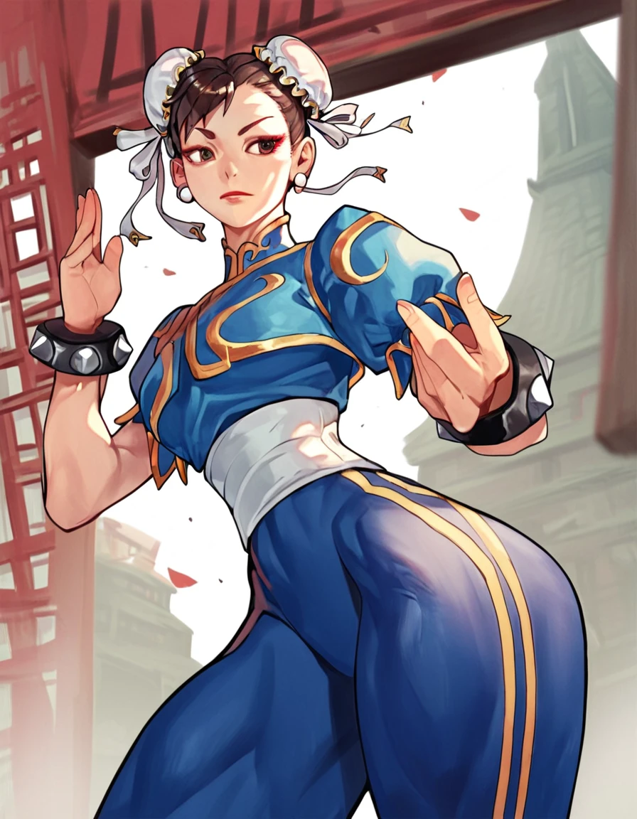 a close up of a person in a blue outfit holding a tennis racket, chun li, chun-li, chun - li, portrait of chun - li, portrait of chun li, chun li at the gym, fighting game character, fighter pose, fighting stance, sigma female, sf5 ink style, sf 5 ink style, highly detailed exquisite fanart