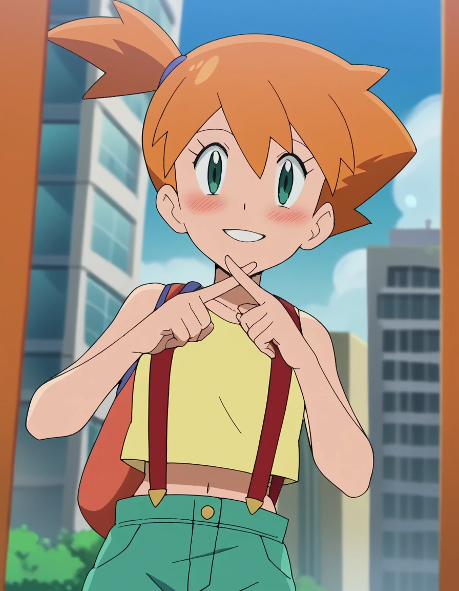 score_9, score_8_up, score_7_up, source_anime, <lora:misty-s25-ponyxl-lora-nochekaiser:1>, misty, misty (pokemon), short hair, green eyes, orange hair, side ponytail, anime screencap, shirt, navel, shorts, midriff, crop top, suspenders, green shorts, suspender shorts,, skyscraper, tall, glass, modern, building, smile, <lora:x-fingers-ponyxl-lora-nochekaiser:1>, x fingers, blush, parted lips,, looking at viewer, solo,, dutch angle, cowboy shot