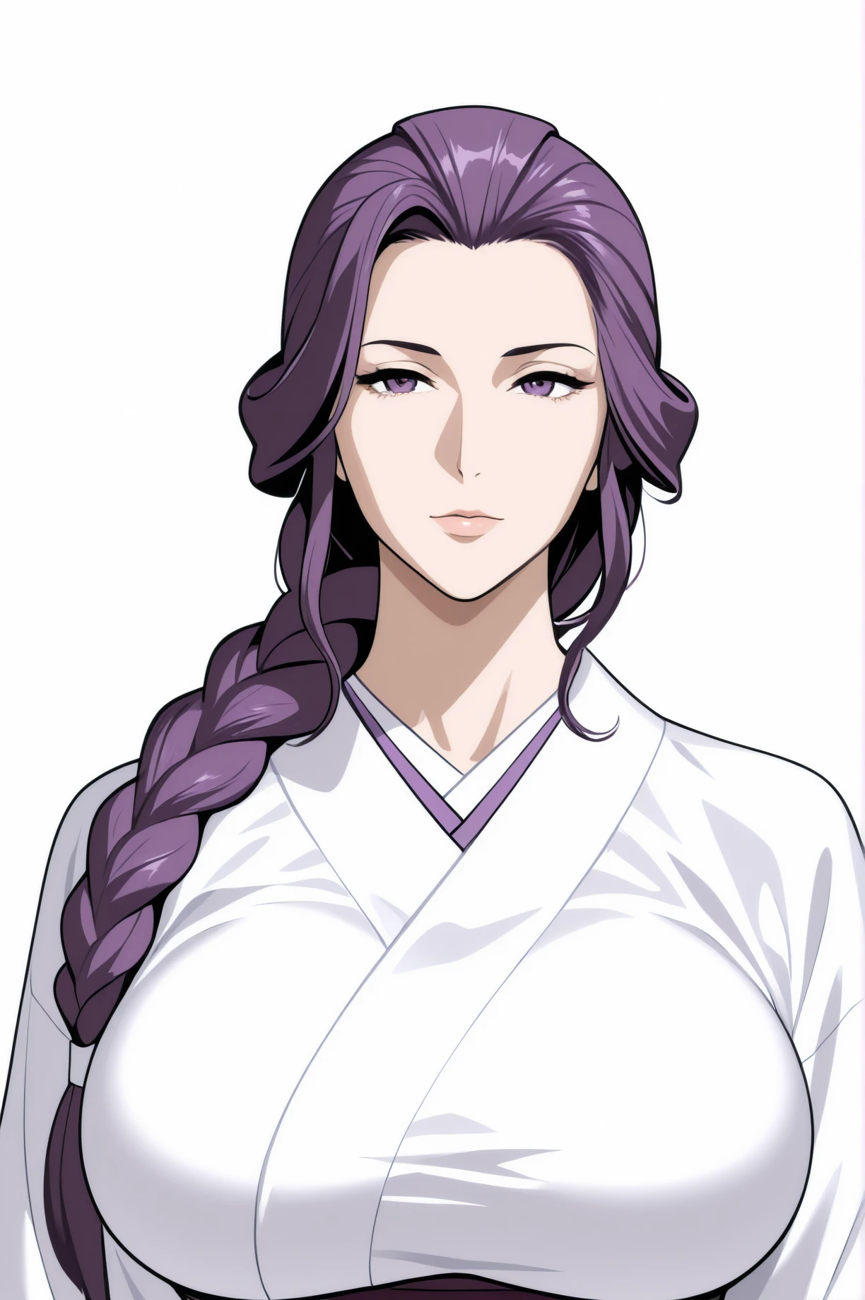 Simple Background,(White_Background:1.1),From Front,
dynamic pose,standing at attention,
White kimono, long sleeves, wide sleeves, japanese clothes,
<lora:NovelAI_Collection_Illustrious_KK77:0.7>,
purple_hair, long_hair, hair_pulled_back,parted_lips,purple_eyes, Single_braid,
<lora:illustrious_best_quality_v1:0.1>,
1 girl, mature female,Beautiful long legs,Beautiful body,
Beautiful Nose,Beautiful character design, perfect eyes, perfect face,expressive eyes,perfect balance,
looking at viewer,(Focus on her face),closed mouth, (innocent_big_eyes:1.0),
masterpiece, best quality, amazing quality, very aesthetic, absurdres, newest
(Beautiful,large_Breasts:1.4), (beautiful_face:1.5),(narrow_waist),