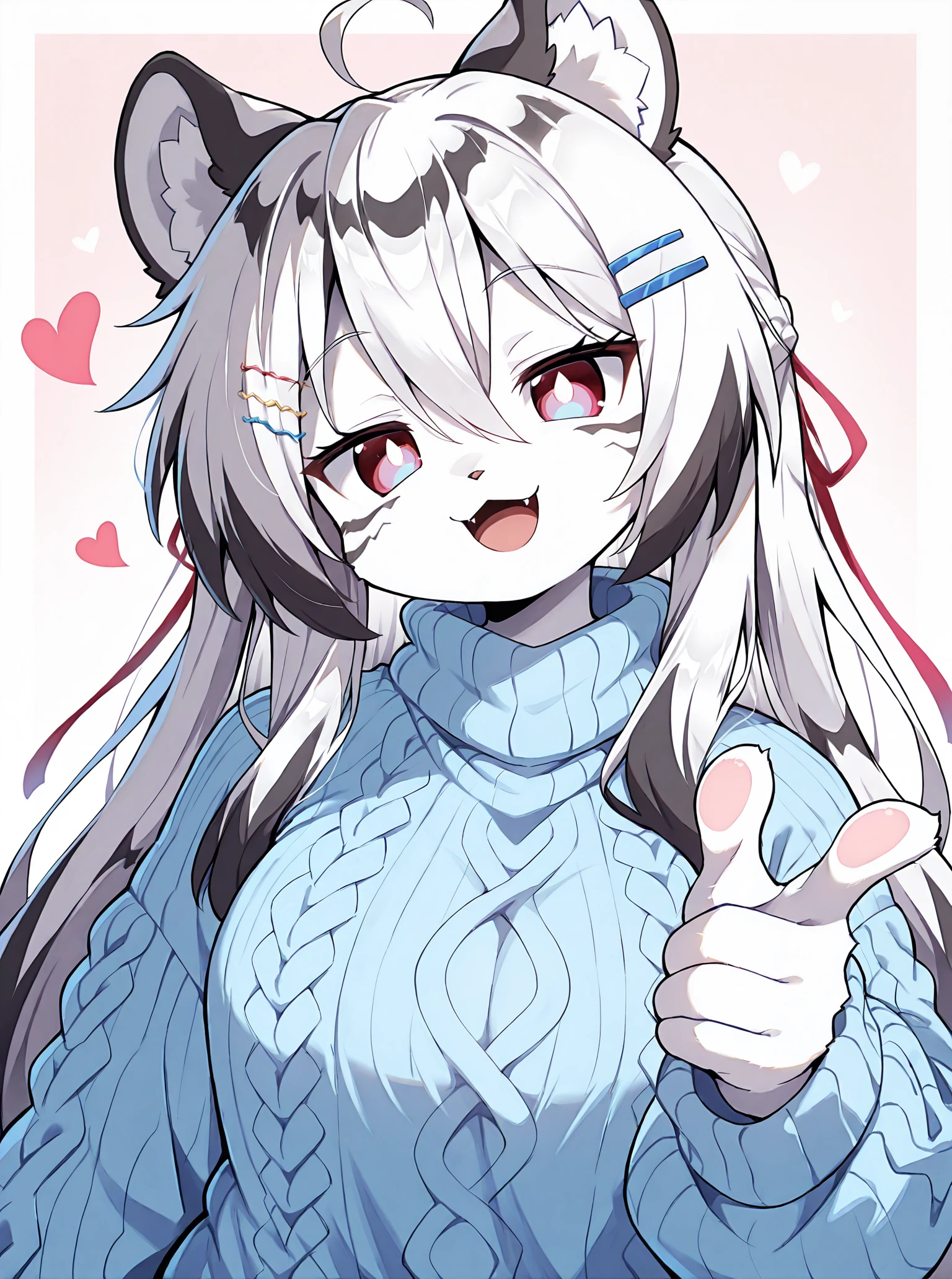 (masterpiece),(best quality),(ultra-detailed),very aesthetic,absurdres,newest,
hannah,kemono,anime,furry,1girl,solo,blue sweater,fuzzy sweater,oversized sweater,turtleneck,red ribbon,cat eyes,big eyes,blue highlights in lower half of pupils,fangs,
(sollyz:0.5),(dagasi:0.5),(cute:2),upper body,smile,finger gun,looking at viewer,head tilt,open mouth,hair clips,heart bubbles,
best quality,(masterpiece),(best quality),(ultra-detailed),very aesthetic,absurdres,newest,lucky star,
saturated,cute,vibrant colors,detailed hair,detailed fur,<lora:Hannah_Mahjong_Soul_Illustrious_v02:0.9>,