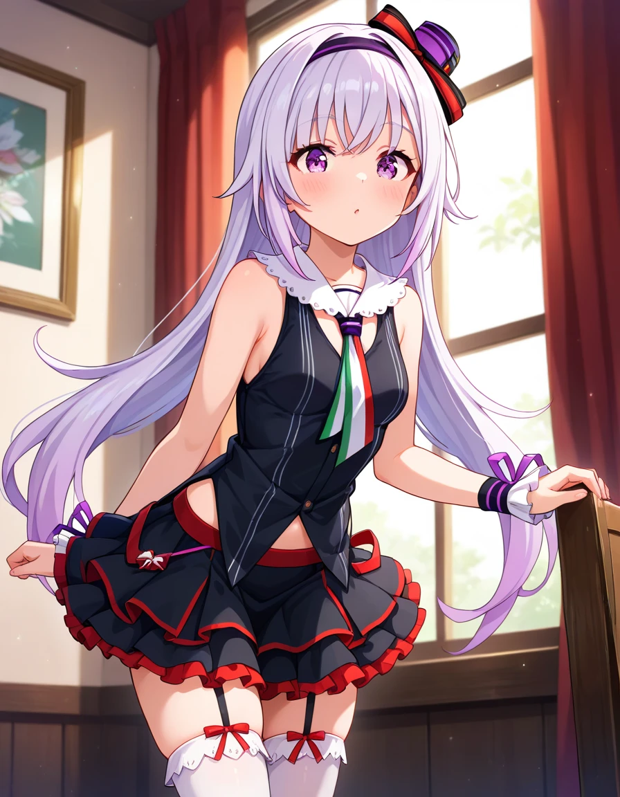 masterpiece, best quality, very aesthetic, absurdres,  carropino, 1girl, solo, long hair, light purple hair, hairband, mini hat, small breasts, black shirt, multicolored necktie, sleeveless, frilled skirt, white thighhighs, garter straps <lora:ILcarropino:0.7>