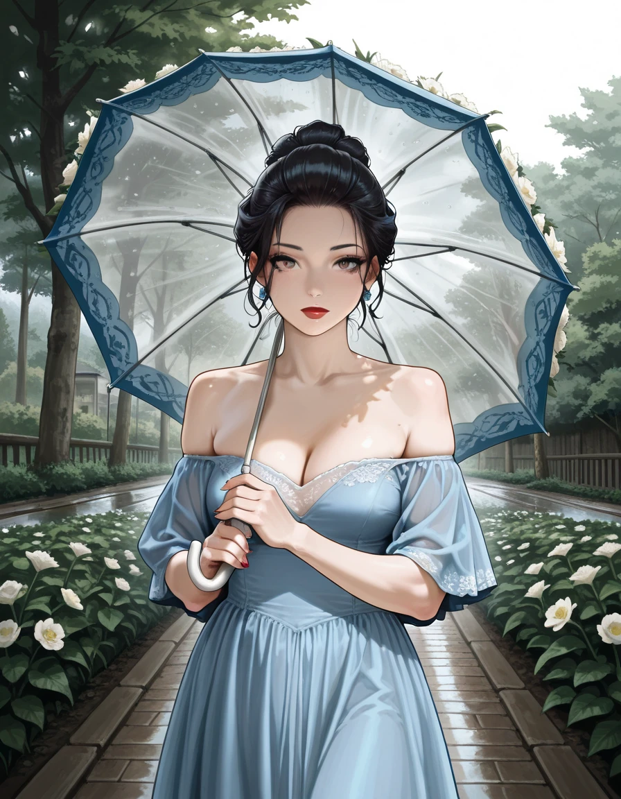 hud_gwn1i_illust, 1girl, solo, black hair updo, umbrella, flower, outdoors, blue dress, off shoulder, lipstick, <lora:hud_gwn1i_illust:0.6>, absurdres, masterpiece, best quality, amazing quality . octane render, highly detailed, volumetric, dramatic lighting