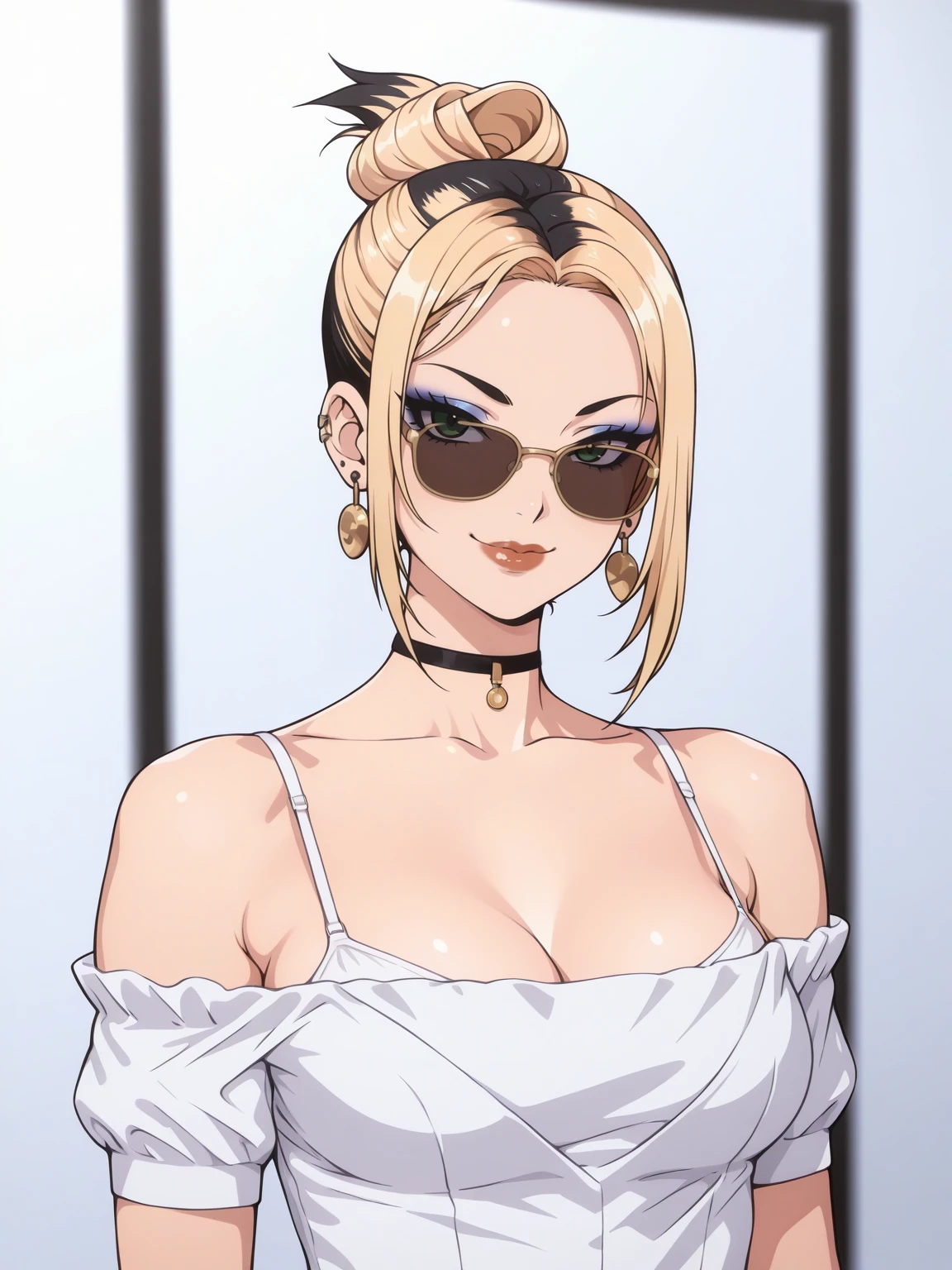 Masterpiece,best quality,1girl,solo,vector art,looking at viewer,blonde hair,sunglasses,choker,green eyes,upper body,smile,puffy lips,lipstick,tsurime,medium breasts,off-shoulder kimono,
1girl, solo, looking at viewer, smile, blonde hair, jewelry, upper body, multicolored hair, earrings,  two-tone hair, makeup, camisole, eyeshadow,  white camisole,with edgLevitating_hairstyle
 <lora:edgLevitatingILS:1>