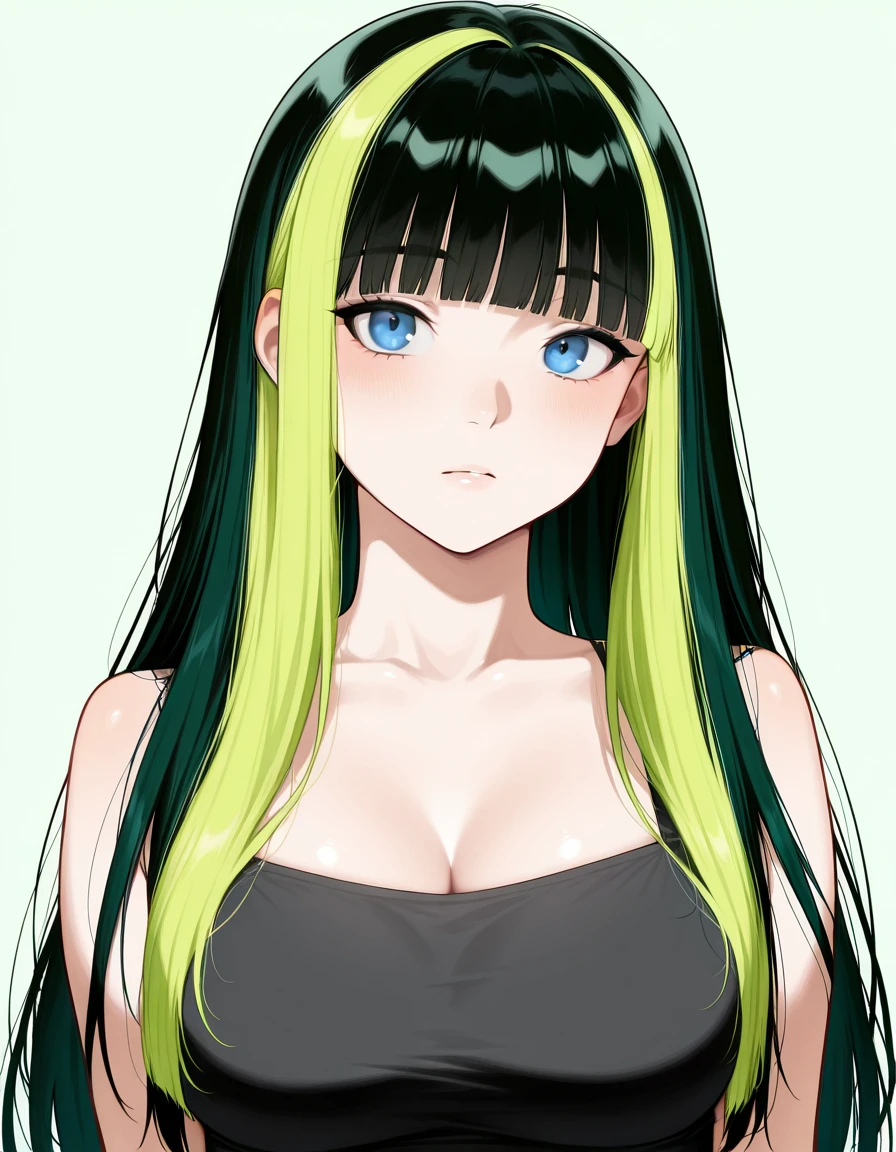 hud_grnblkh4ir, multicolored hair, green hair, black hair, blunt bangs, 1girl, solo, blue eyes, upper body, <lora:hud_grnblkh4ir_illust:0.8>, absurdres, masterpiece, best quality, amazing quality