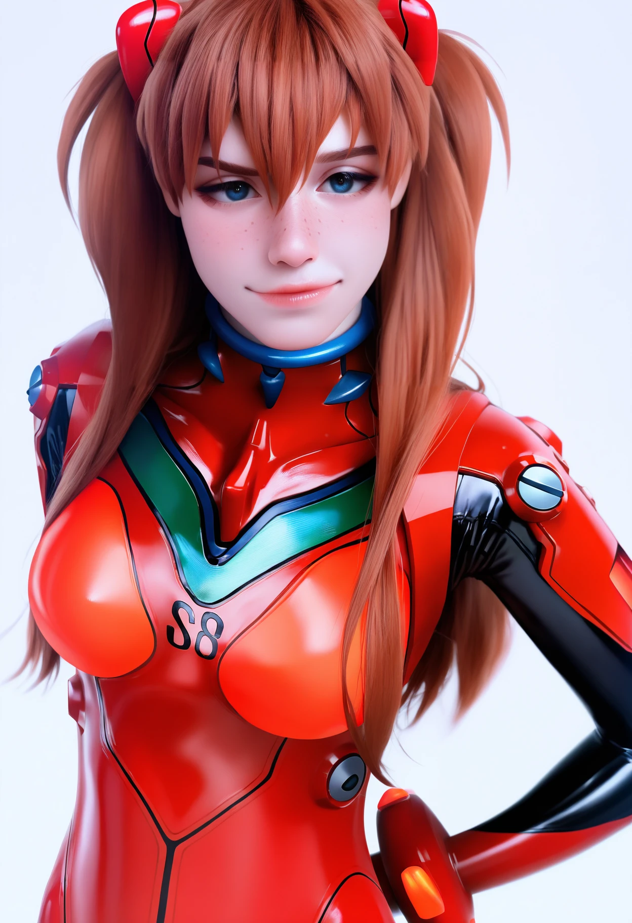 masterpiece, best quality, very aesthetic, absurdres,
1girl, shirogane, souryuu asuka langley, brown hair, twintails, bangs, freckles, long hair, blue eyes,
red plugsuit, plugsuit,
upper body, arms behind back,
smile,
solo, looking at viewer, simple background, white background,  <lora:ShiroganeNoobXL_byKonan:1>