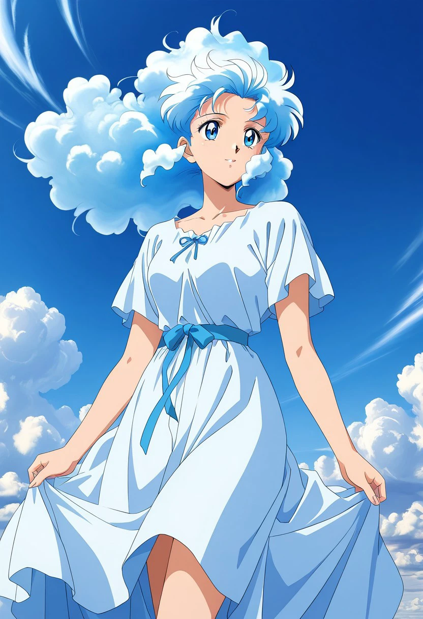 masterpiece, best quality, newest, absurdres, highres,  anime, anime style, vintage anime, 90s anime, Air(Theme), 1girl, cloud hair, air elemental,