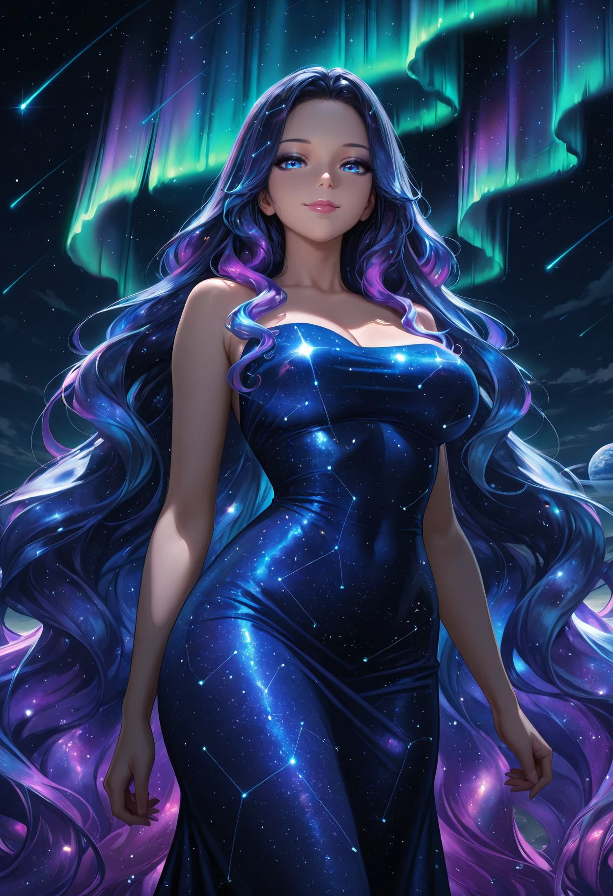 Smooth Quality - Illustrious, beautiful and intricate hair, protruding lips, lipstick, eyeliner,
1girl, cosmic dress, otherwordly dress, comic eyes, cosmic hair, glowing, closed mouth, aurora, constellation, galaxy, light particles, long hair, looking at viewer, planet, shooting star, sky, smile, space, sparkle, very long hair