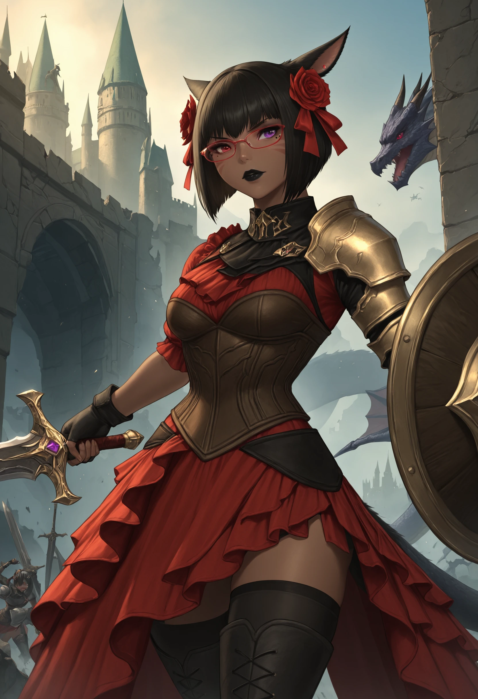 masterpiece,   best quality, 1girl, solo,armetdaraco, dark-skinned female,   miqo'te, black lipstick, short hair, bob cut,  black hair, mole under eye, facial mark,  heterochromia, purple eyes, red eyes, tail, corset, asymmetrical clothes, gloves, dress, hair ribbon, fingerless gloves, black gloves, red dress, hair flower, armor, glasses, red eyewear,   black thighhighs, thighhighs,  thigh boots,   holding, holding weapon, holding sword, holding shield, (incoming attack:1.5), castle, ruins, (dragon:1.5), fighting, from side <lora:Armet_Daraco_IL:1>