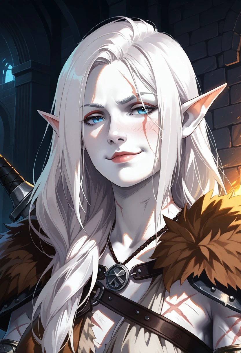 masterpiece, best quality, newest, absurdres, highres, 
anime, anime style, BetterScarsIL-v1.0, scar, 1girl, mature and imposing, 30 years old, portrait, beautiful, Elf shaman dramatic lights, white hair, (long hair:1.3), side bangs, barbarian, gladiator, war paint, white skin, white colored skin, albino, albino skin, muscular, athletic, scars, (smug:0.85), medium brests, blue eyes