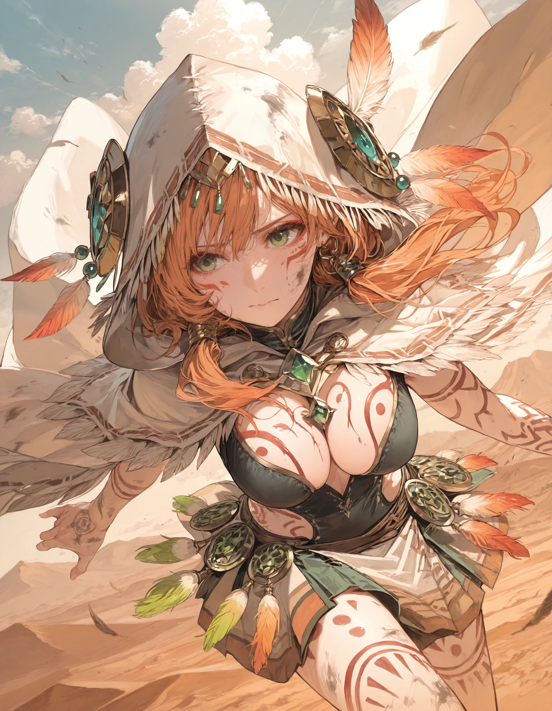 masterpiece, best quality, very aesthetic, p4rsley-f_illu, p4rsley-f_illu,
fantasy character, orange hair, green eyes, white hooded cloak, colorful tassels, body paint, tribal markings, mystical atmosphere, bright sunlight, desert setting, feathers, detailed illustration, vibrant colors, magical realism, intricate costume design, Japanese text overlay, dynamic pose, ethereal lighting, high contrast, digital art, concept art, character design,dirty,tattoo,wind, clouds ,scenery, dutch angle, soft_lighting,
,highly detailed, hyper-realistic, 8k, dynamic angle, illustration, intricate details,masterpiece, very aesthetic, absurdres, <lora:p4rsley-f:1>