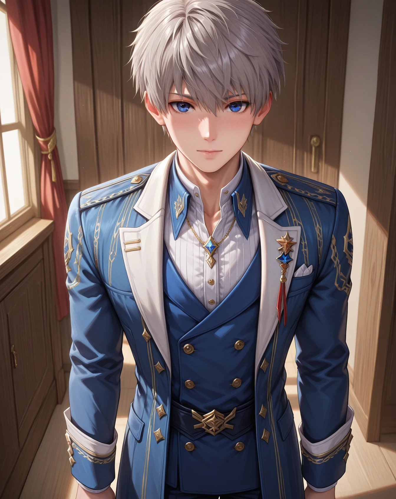 masterpiece, best quality, absurdres, very aesthetic,
1boy, solo, yaoi, male focus,
looking at viewer, cowboy shot, facing viewer, standing, straight-on, arms at sides,
<lora:Xavier_LnDS:1> xavierlnds, grey hair, blue eyes, short hair,
indoors