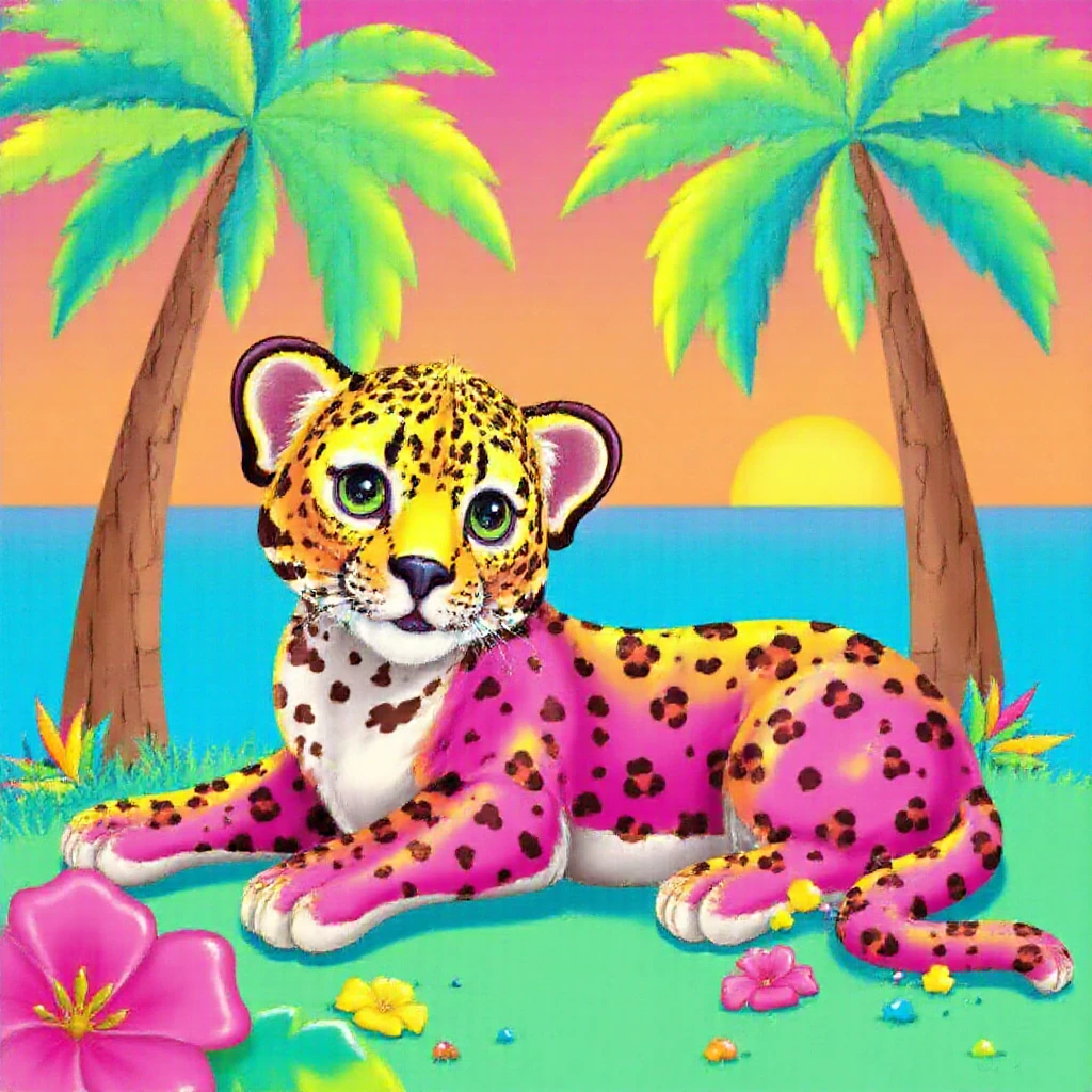 L1saFrank, a colorful digital drawing of a leopard relaxing under palm trees surrounded by bright tropical flowers. The artwork is whimsical and cartoonish, with bright hyper-saturated colors and rainbow-themed color gradient. <lora:L1saFrank_epoch_8:1> <lora:Hyper-FLUX.1-dev-8steps-lora:0.15>