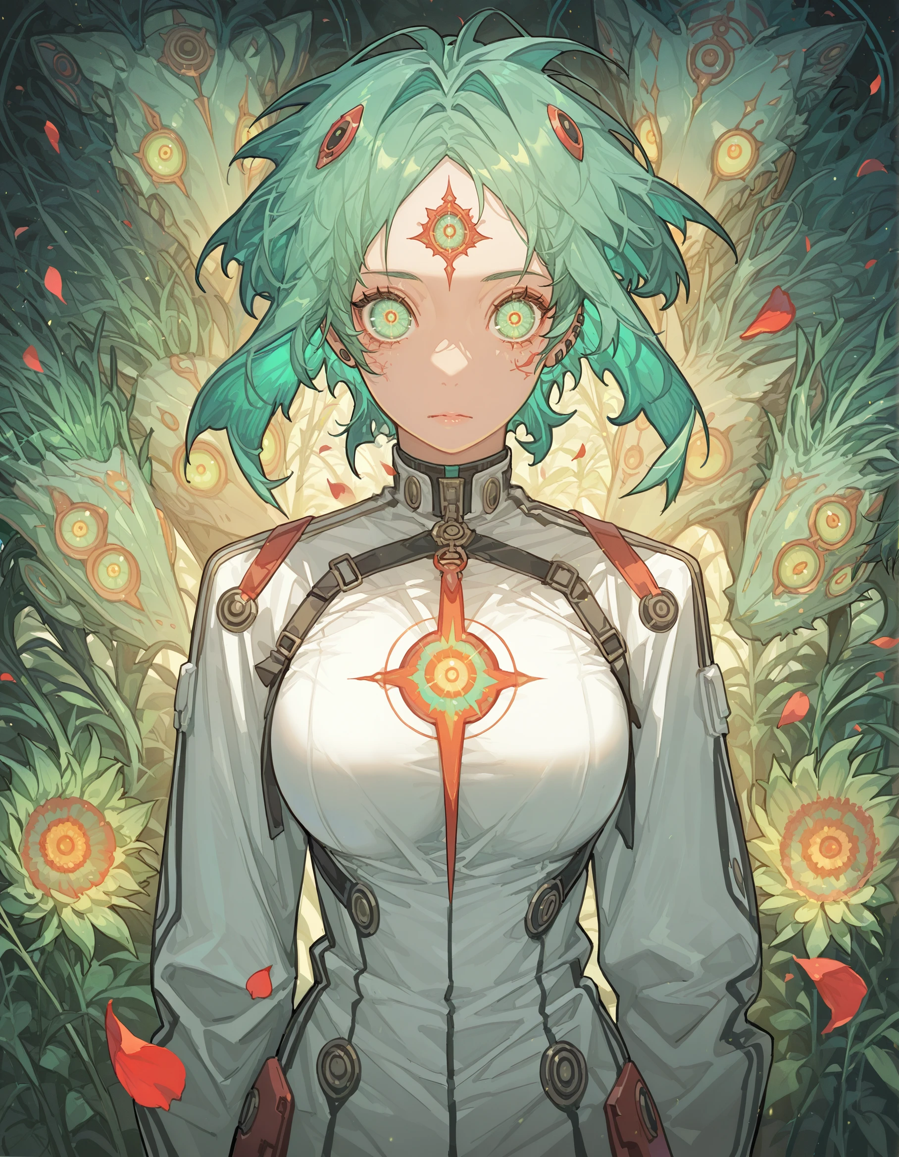 masterpiece, best quality, very aesthetic,absurdres, very aesthetic,
so0no2k_illu,Anime style, aqua green hair, large expressive eyes, detailed facial features, white uniform with futuristic details, red interface circles, surrounded by green plants and red petals, mysterious atmosphere, soft lighting, high detail, digital art, vibrant colors, painterly style,
 <lora:so0no2k:1>