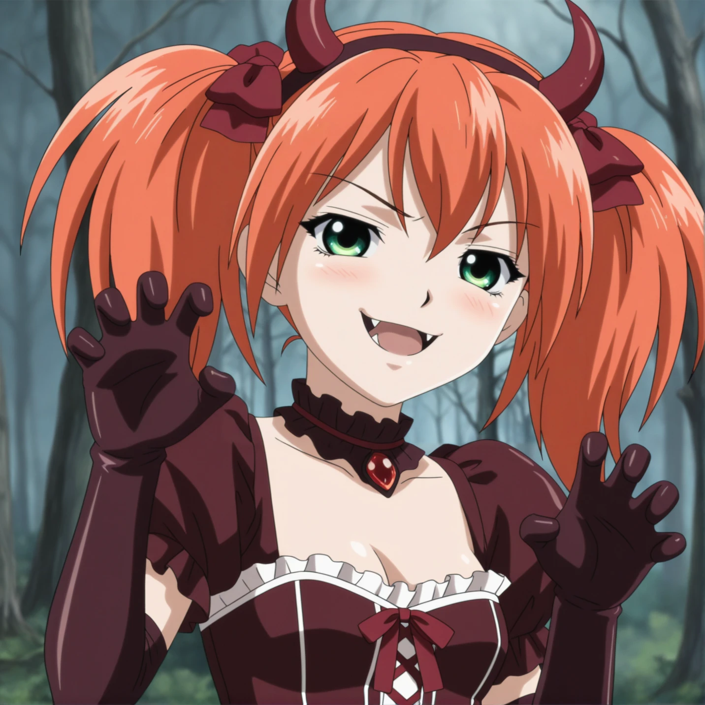 masterpiece, best quality, amazing quality, very aesthetic, absurdres, shuzen_kokoa, 1girl, solo, hair bow, green eyes, smug, [fangs],forest, bare tree, demon girl, cosplay, gothic, fake horns, smug, claw pose<lora:kokoa_v1:0.95>