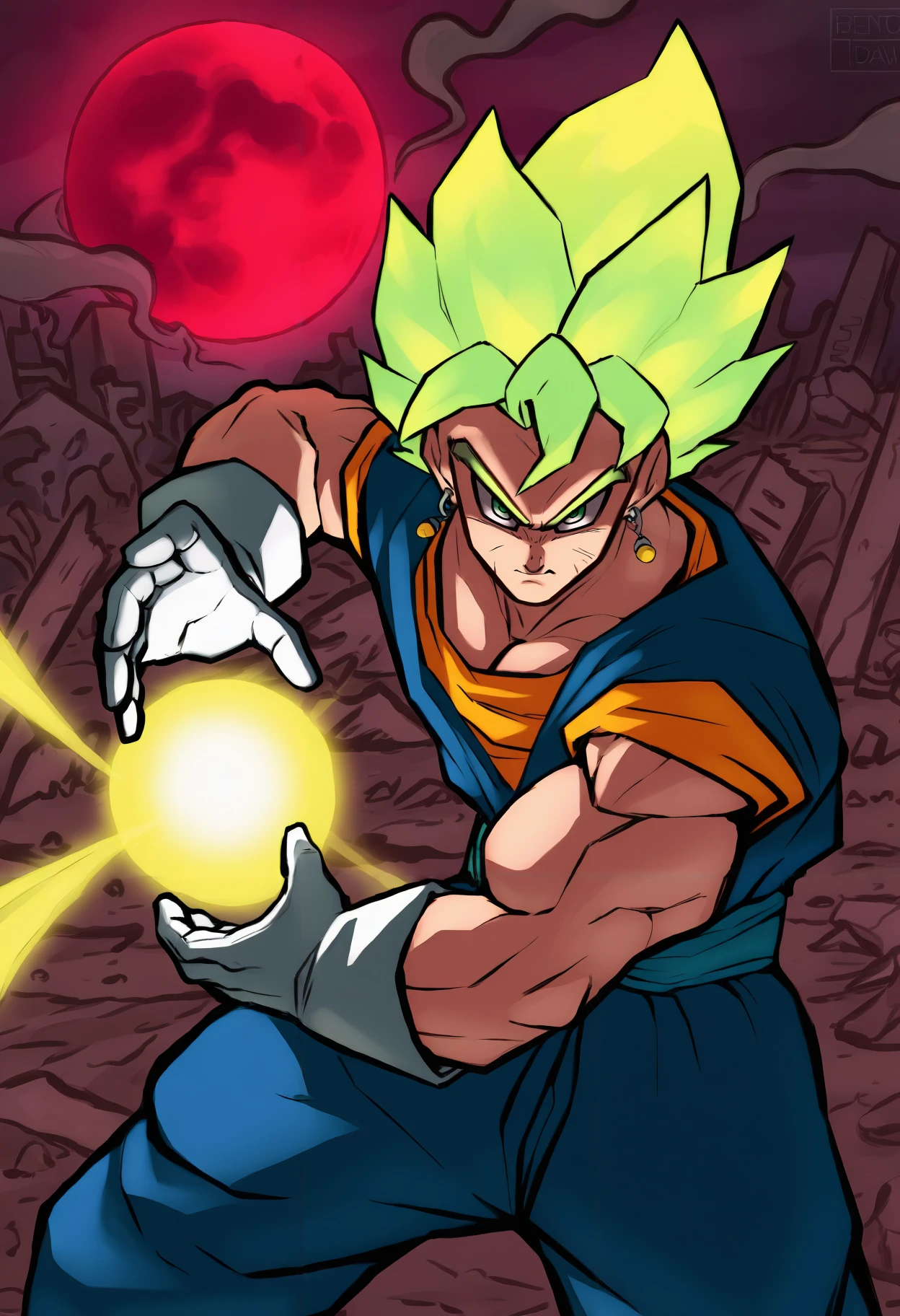 masterpiece, best quality, newest, absurdres, highres, benrawtod, red moon, outdoors, destruction, ruins, smoke, rubble, dark, night, serious, closed mouth, looking at viewer, 1boy, solo, vegetto, green eyes, spiked hair, blonde hair, blue dougi, orange undershirt, white gloves, muscular male, pectorals, super saiyan, blue sash, potara earrings, green earrings, yellow energy, yellow aura, kamehameha, energy ball
<lora:bentodraws Illustrious:1> <lora:kamehameha [IL]:0.8>