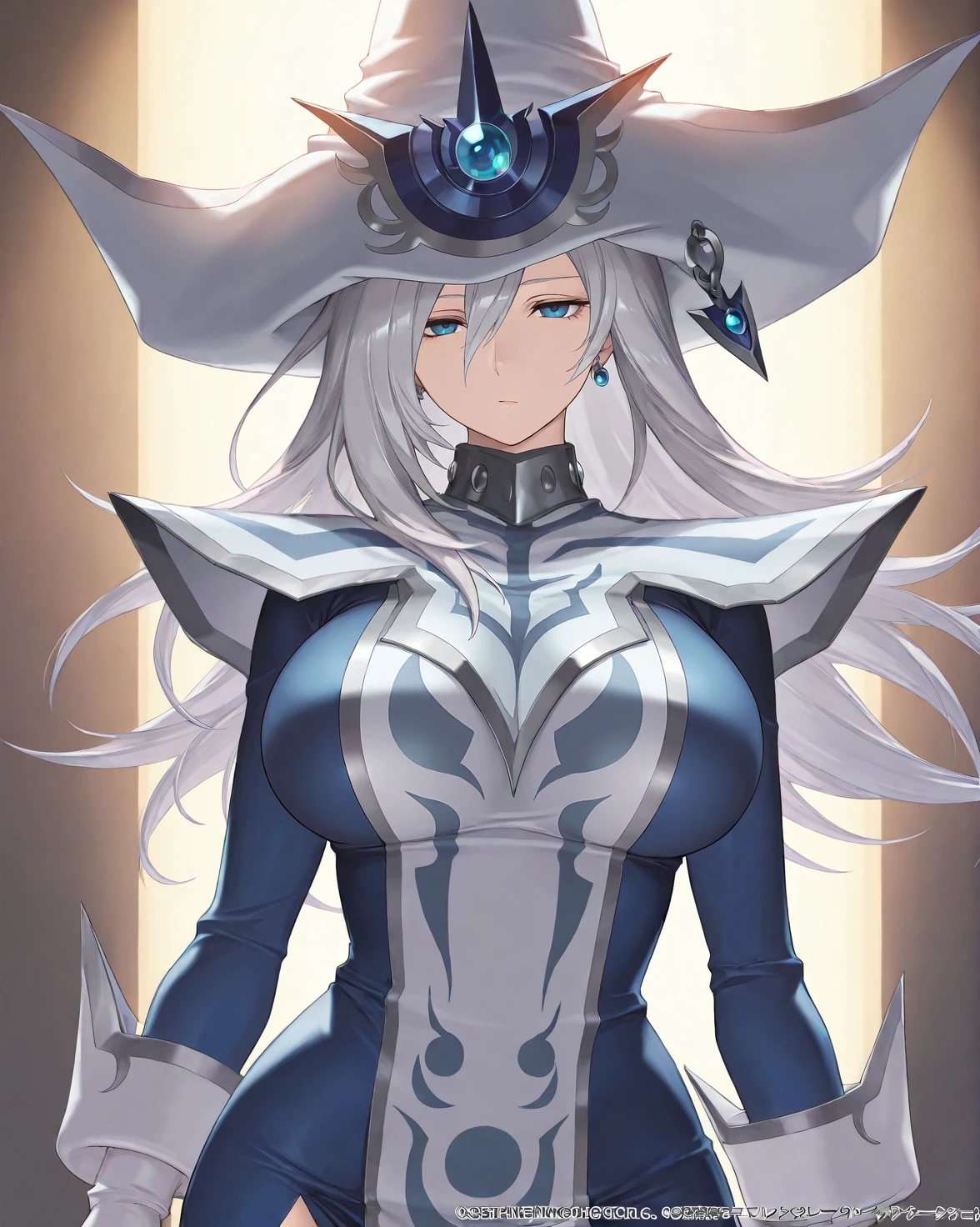 <lora:Silent Magician Illustrious XL V1:1> silentm4gician, 1girl, big breasts, blue eyes, long silver hair, mature female, blue dress, witch hat, gloves, expressionless, :/; rim lighting, dramatic lighting, absurdres,, (masterpiece:1.4), (best quality:1.4), extremely detailed, highres, official art