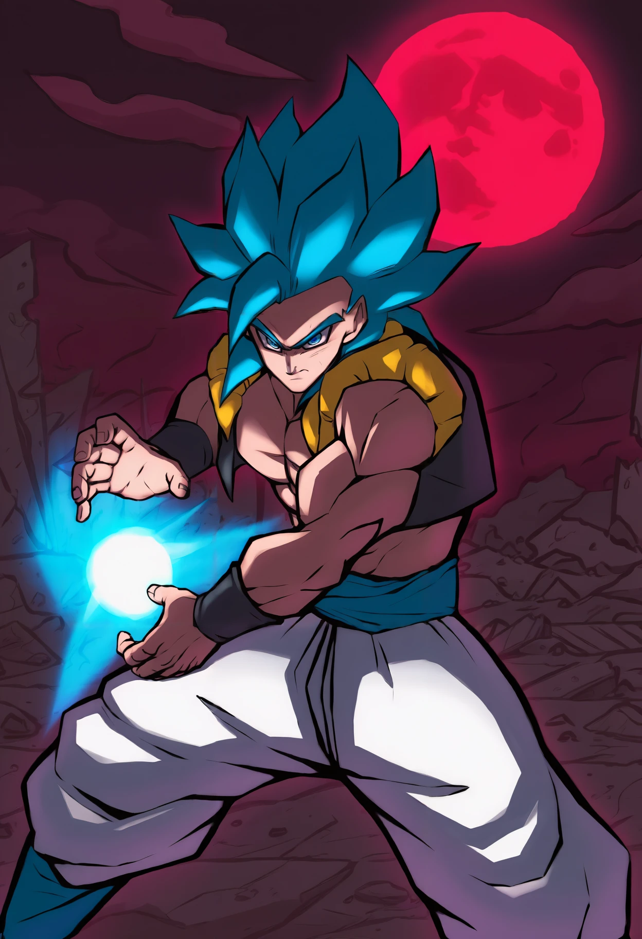 masterpiece, best quality, newest, absurdres, highres, benrawtod, red moon, outdoors, destruction, ruins, smoke, rubble, dark, night, serious, closed mouth, looking at viewer, 1boy, solo, gogeta, blue eyes, spiked hair, blue hair, metamoran vest, white pants, muscular male, pectorals, abs, super saiyan, super saiyan blue, blue sash, blue energy, blue aura, kamehameha, energy ball
<lora:bentodraws Illustrious:1> <lora:kamehameha [IL]:0.8>
