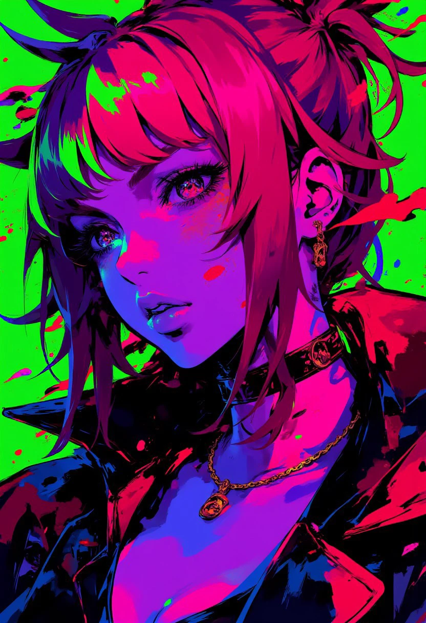 high contrast neon anime style in bright magenta,red and green, anime oni with a spiked club, HCANstyle
