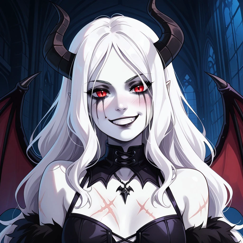 masterpiece, best quality, newest, absurdres, highres, 
anime, anime style, BetterScarsIL-v1.0, scar, 1girl, white skin, white colored skin, pale skin, albino, albino skin, horns, demon horns, demon girl, succubus, wings, bat wings, demon wings, goth, goth girl, goth makeup, runny makeup, smile, grin, closed mouth,