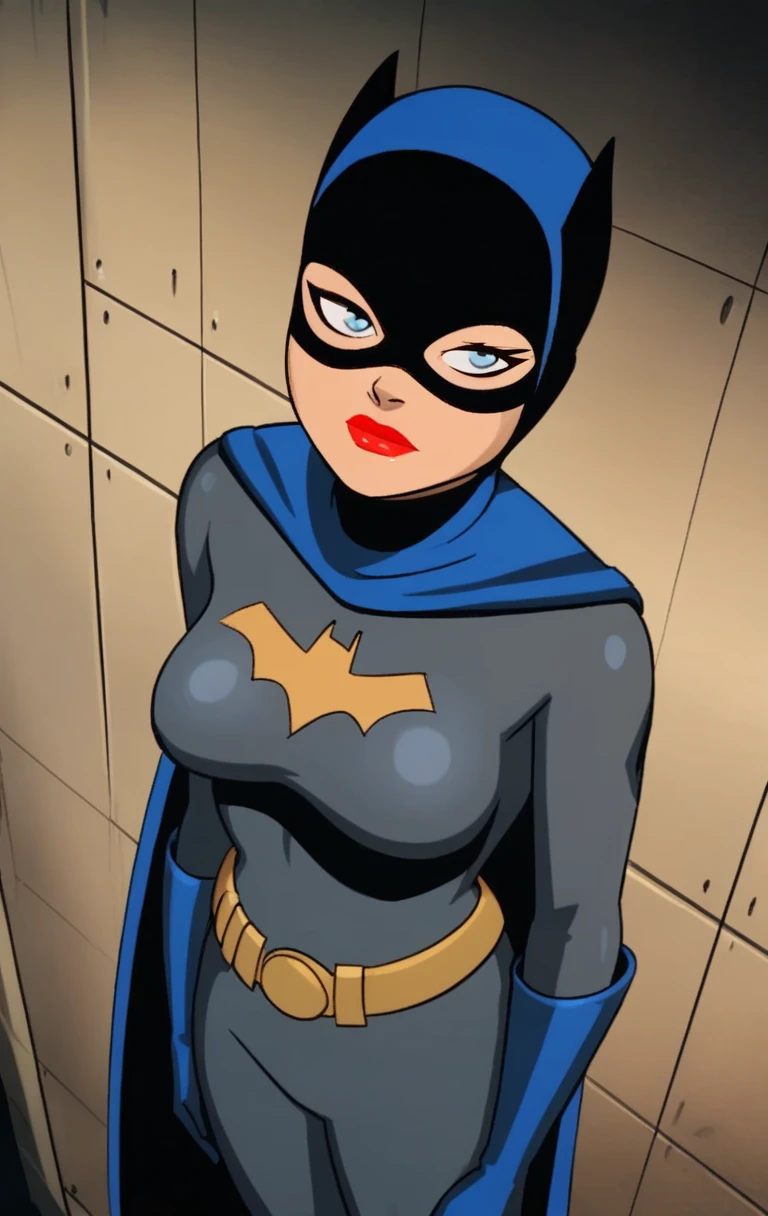 masterpiece, Best quality, Bottom view, Batgirl from the DC universe, big breasts, in a dark full body suit with a batgirl mask, wearing gloves, sitting on the sofa with crossed legs