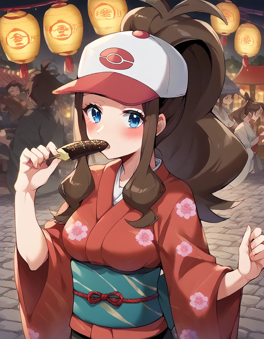 score_9, score_8_up, score_7_up, source_anime, <lora:pokemon-hilda-ponyxl-lora-nochekaiser:1> pokemonhilda, blue eyes, brown hair, long hair, ponytail, hat, baseball hat, medium breasts, <lora:chocolate-banana-ponyxl-lora-nochekaiser:1>, chocolate banana, open mouth, holding, holding food, blush,, japanese clothes, kimono, new year, obi, obiage, obijime, sash, wide sleeves, floral print, <lora:tucking-hair-ponyxl-lora-nochekaiser:1>, tucking hair, adjusting hair, hand on own hair, hair behind ear, hands up, sexually suggestive, looking at viewer,, cowboy shot, solo, cobblestone, festival, lantern, market stall, paper lantern,