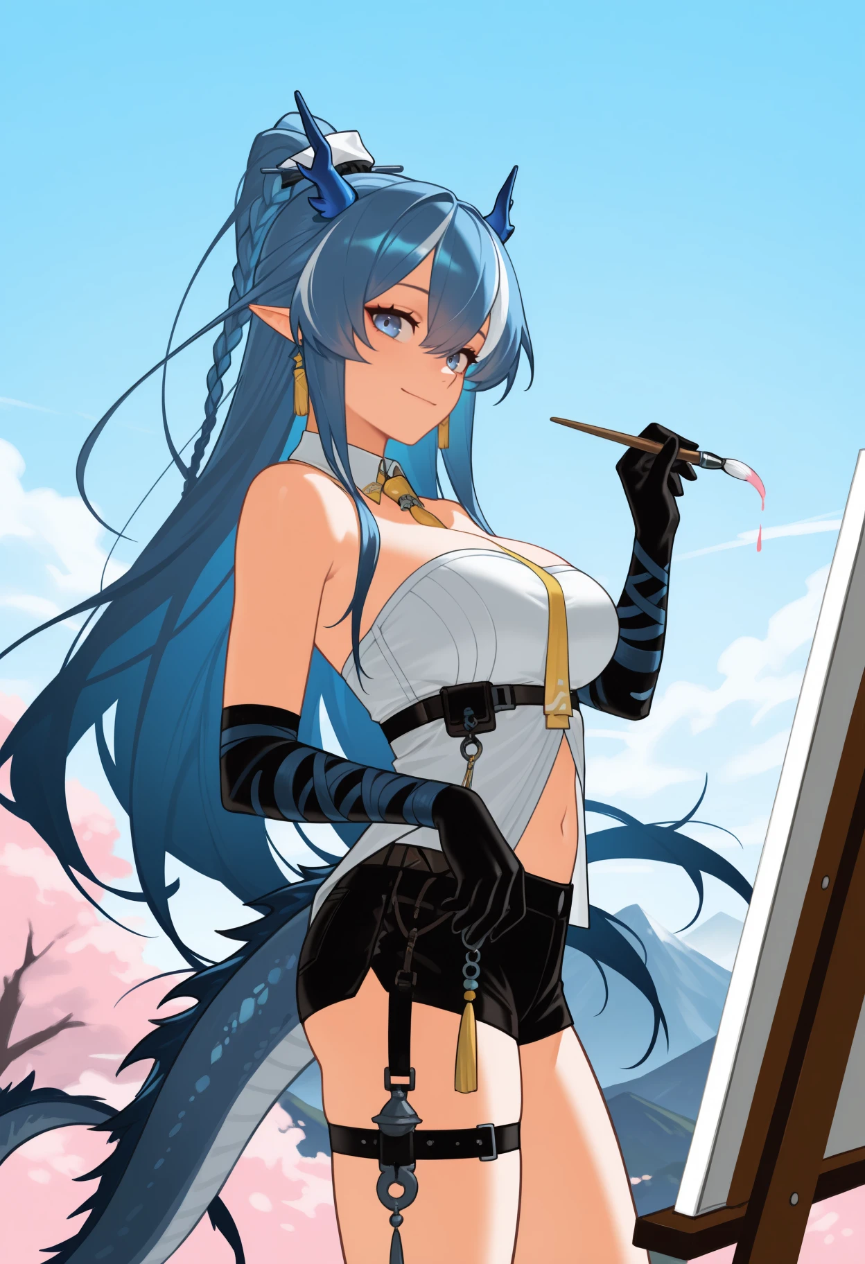 masterpiece, best quality, from side, solo, 1girl, l1ngdef, dragon tail, smile, looking at viewer, standing, painting \(action\), holding paintbrush, streaked hair, blue hair, white hair, hair between eyes, braid, high ponytail, blue horns, dragon horns, pointy ears, blue eyes, white shirt, strapless shirt, detached collar, yellow necktie, underbust, black gloves, elbow gloves, arm wrap, black shorts, short shorts, thigh strap, tassel earrings, bare shoulders, navel, large breasts, outdoors, blue sky, cloud, cherry blossoms, mountainous horizon, painting \(object\), canvas \(object\)
<segment:yolo-Anzhc Face seg 640 v2 y8n.pt,0.4,0.5//cid=1>