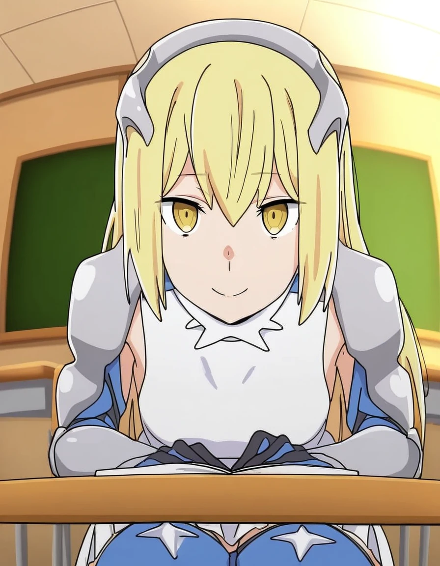 masterpiece, best quality, newest, absurdres, highres, safe,, <lora:ais-wallenstein-s1-illustriousxl-lora-nochekaiser:1>, ais wallenstein, long hair, blonde hair, yellow eyes,, thighhighs, gloves, armor, zettai ryouiki, white dress, dress, armpit cutout, classroom, chalkboard, daytime, studying, sitting, chair, desk, smile, peephole, fisheye, round border, peeking, voyeurism, apartment, yandere, horror (theme), yandere, flourescent lamp, smile, evil smile, blank eyes, cowboy shot, looking at viewer, solo,, cowboy shot