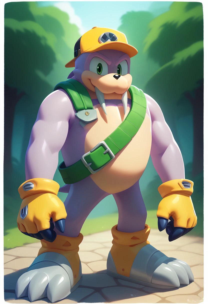 score_9, score_8_up, score_7_up, (best quality:1.1), ultra-detailed, high resolution, 8k, Rotor the Walrus, tusks, chubby, light purple skin, pale green eyes, backwards yellow cap, green utility belt across shoulder, yellow gloves, knothole, forest village, BREAK outside, Rich, Detailed background, ambient light