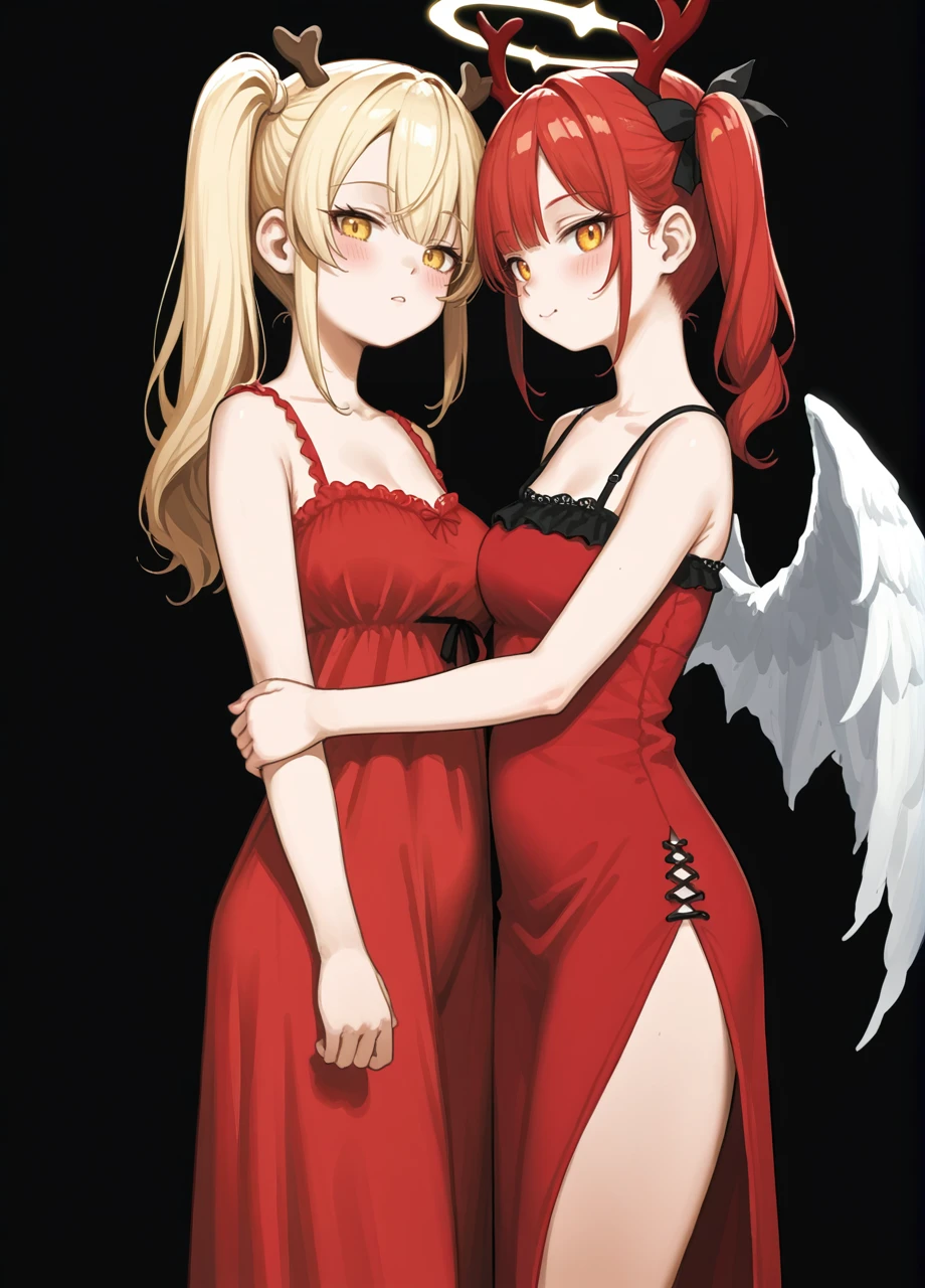 2d, kuroshiro00, lineart, angel and devil, side ponytail, fake antlers, red dress, camisole, 2girls, side by side, large breasts, thick thighs, (sfw), long dress,  rating safe, closeup, symmetrical docking,
 <lora:Kuroshiro00_PonyXL_Style:1>