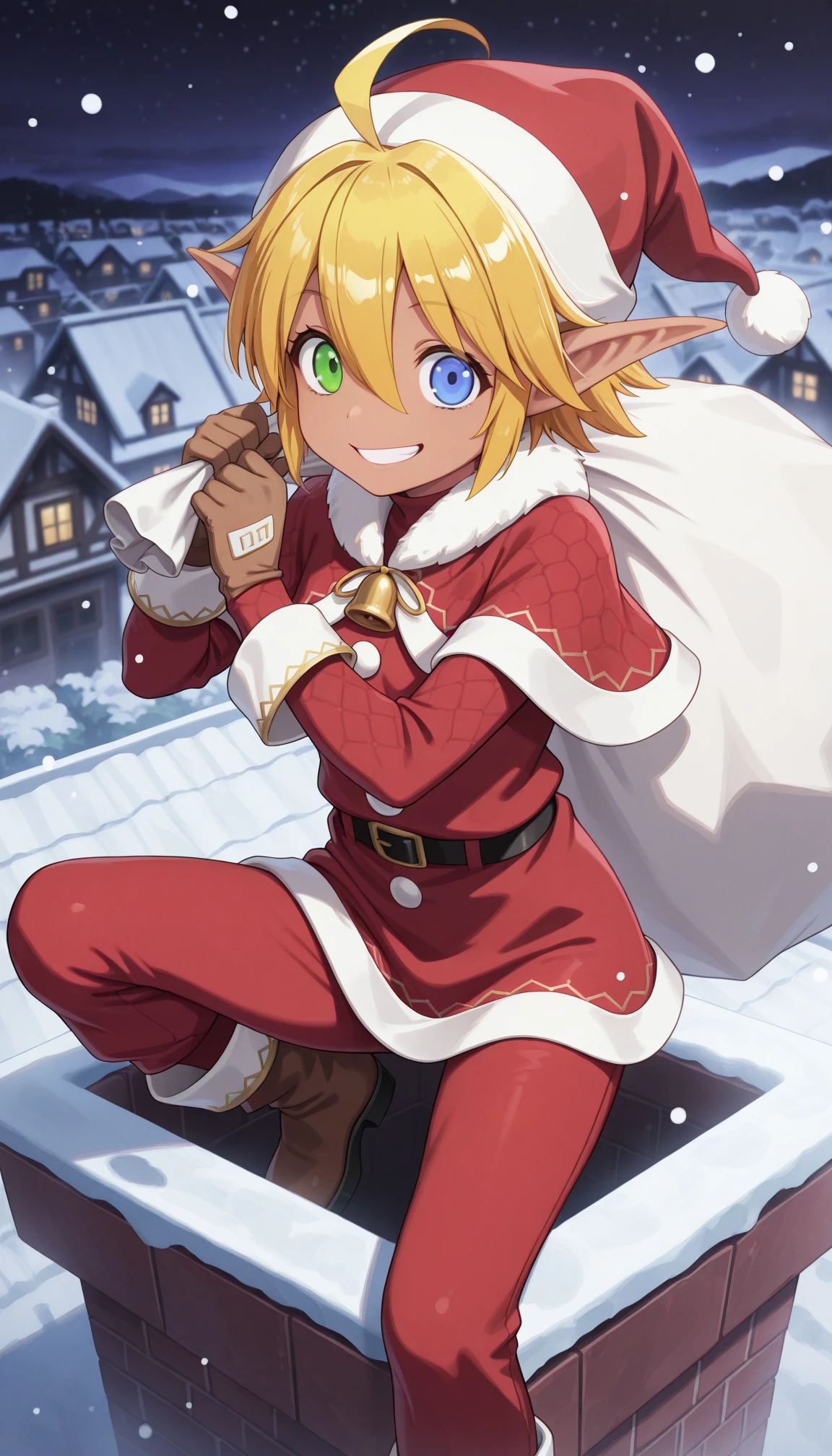 masterpiece,best quality,amazing quality, 1girl, solo, <lora:IlluAura:1> illuaura, dark skin, pointy ears, green eyes, blue eyes, heterochromia, blonde hair, short hair, ahoge, hair between eyes, santa costume, santa hat, long sleeves, red pants, smile, holding sack, capelet, <lora:chimney_Illust_v1:1> chimney, fur trim, outdoors, snowing, night,