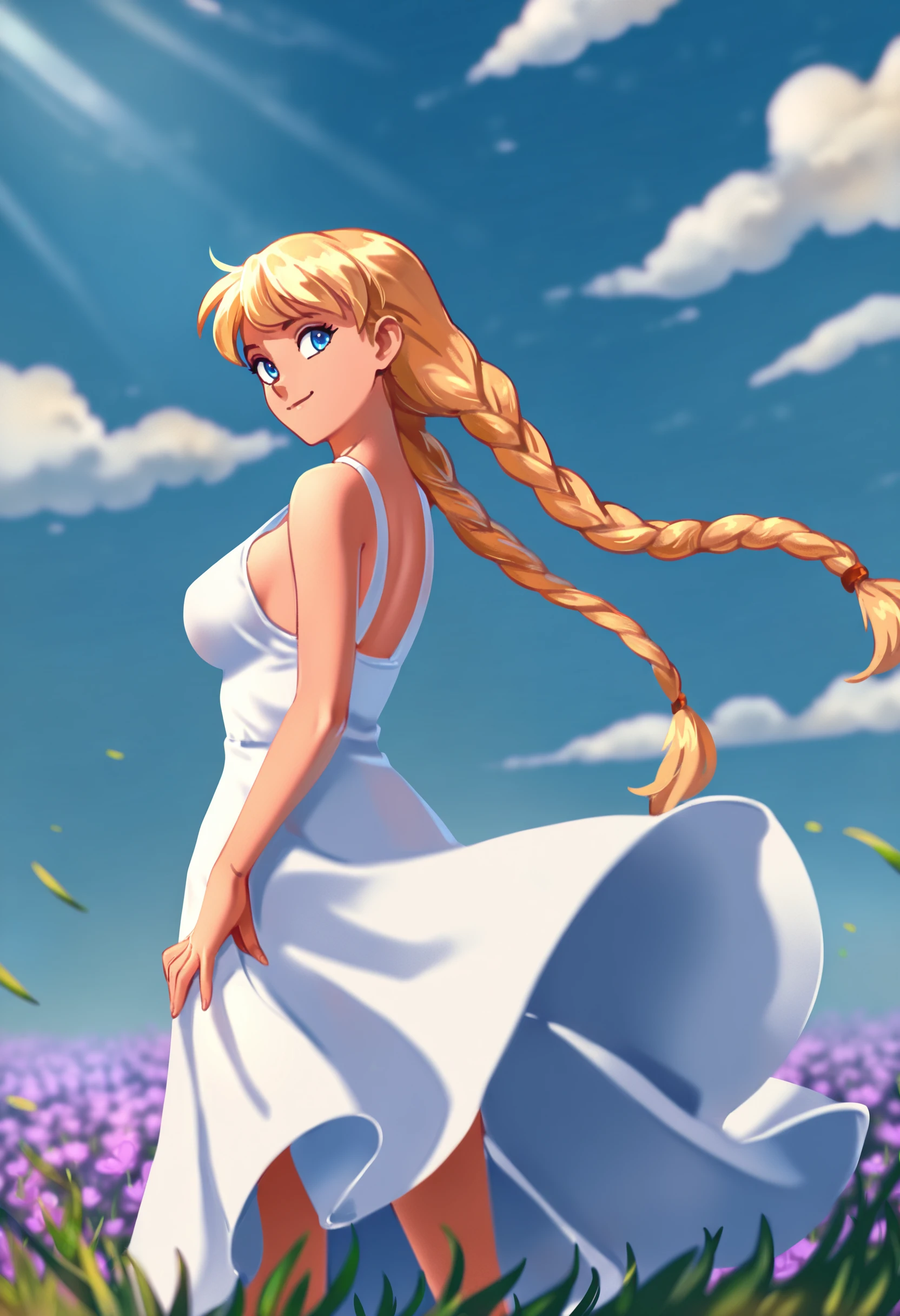 masterpiece, best quality, absurdres, color contrast, gritty, optionaltypo,
cowboy shot, 
1girl, sl, long hair, blonde hair, long twin braids, blue eyes, medium breasts, 

white summer dress,
 
standing, grass, wind, summer, sky, clouds, flower field, smile, sunlight, 
 
 