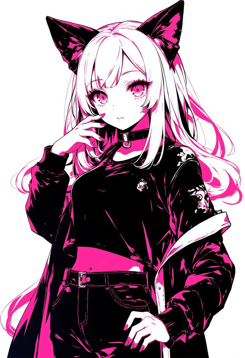 high contrast neon anime style in black and white, anime cat girl posing, HCANstyle