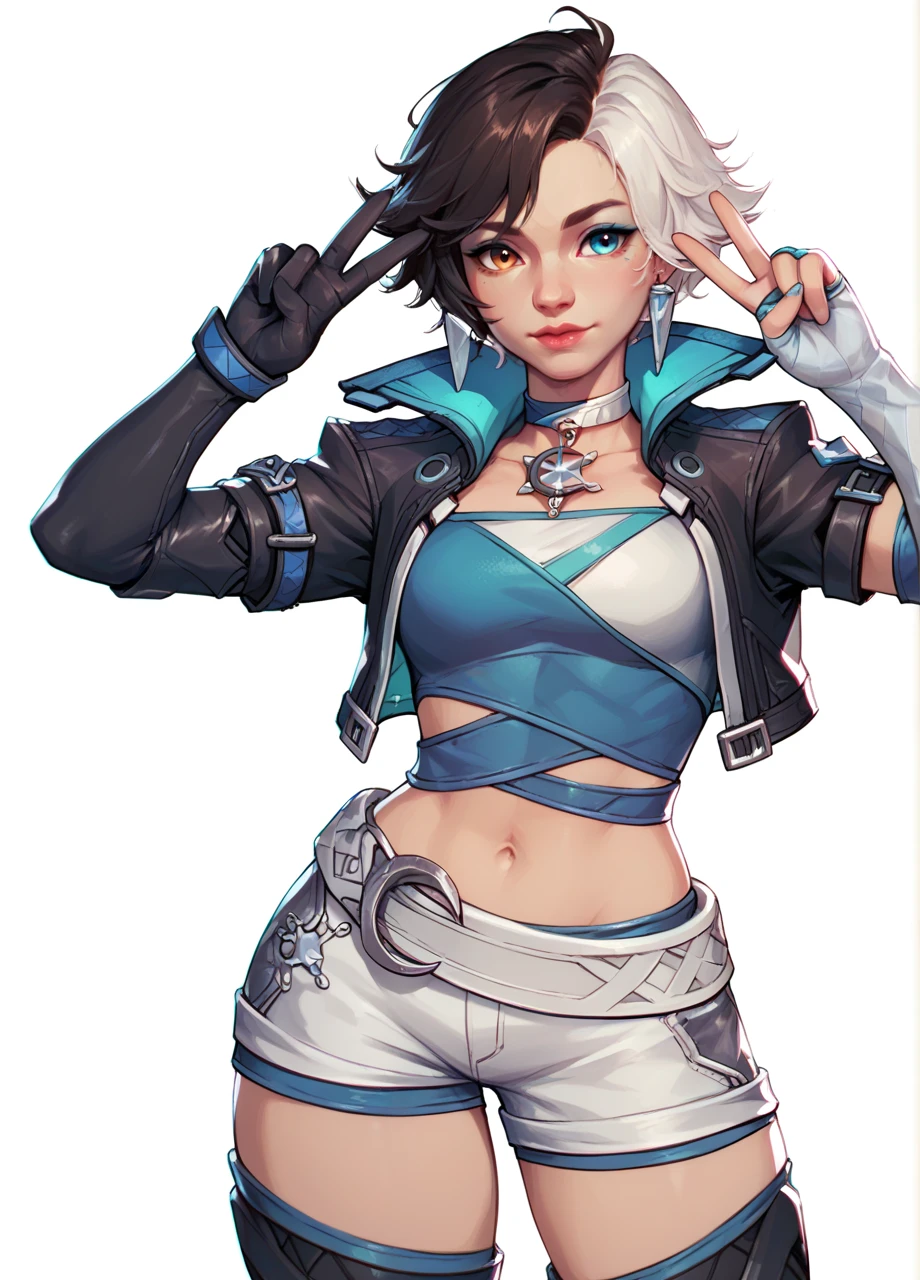 1girl, solo, cowboy shot, double v, white background, mrlunasnow, short hair, two-tone hair, heterochromia, elbow gloves, cropped jacket, belt, shorts, thigh boots, eyeshadow, choker, earrings <lora:MR_LunaSnow-PONY:0.8>, score_8_up, score_7_up, score_6_up, score_5_up
