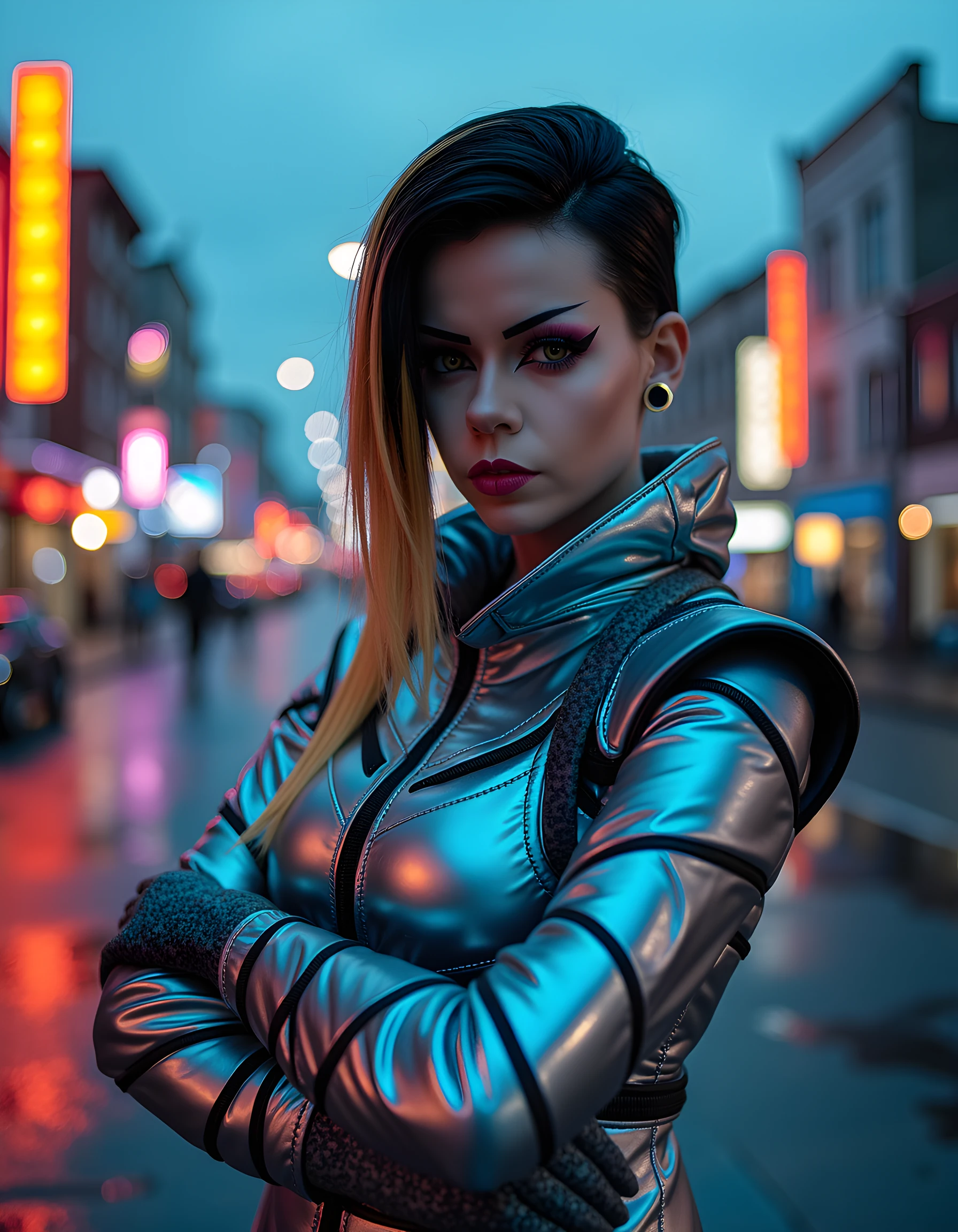 portrait of detailed cyberpunk clothing, leather pants, model cinematic shot on Leica M6 ultra realistic studio lighting, ray tracing bloom blade runner atmosphere, dynamic pose, variations, expressions, billboard on background, natural look,sunny,soft lighting,emotional,grainy, <lora:SDXLHighDetail_v5:0.5>