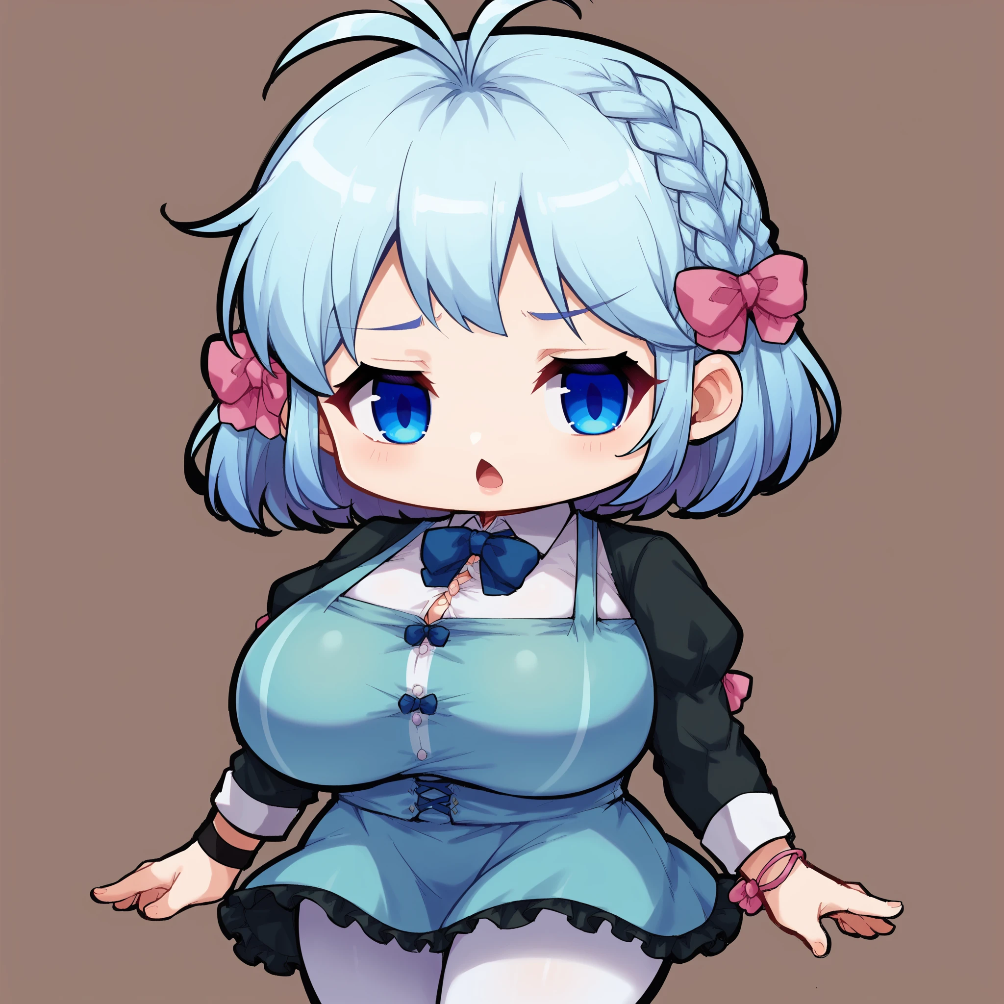 <lora:luca6135:0.8>, luca6135, blue eyes, blue hair, antenna hair, braid, short hair, sidelocks, hairclip, hair bow, pink bow, blue dress, blue bowtie, long sleeves, black sleeves, sleeve cuffs, collared shirt, juliet sleeves, pinafore dress, frills, waist bow, blue bow, white pantyhose, pink wristband, black wristband, huge breasts,
<lora:MapleStory_Style_-_PonyXL_LoRA:1>, maplestory_style, chibi, shortstack, score_9, score_8_up, score_7_up, uncensored, source_anime