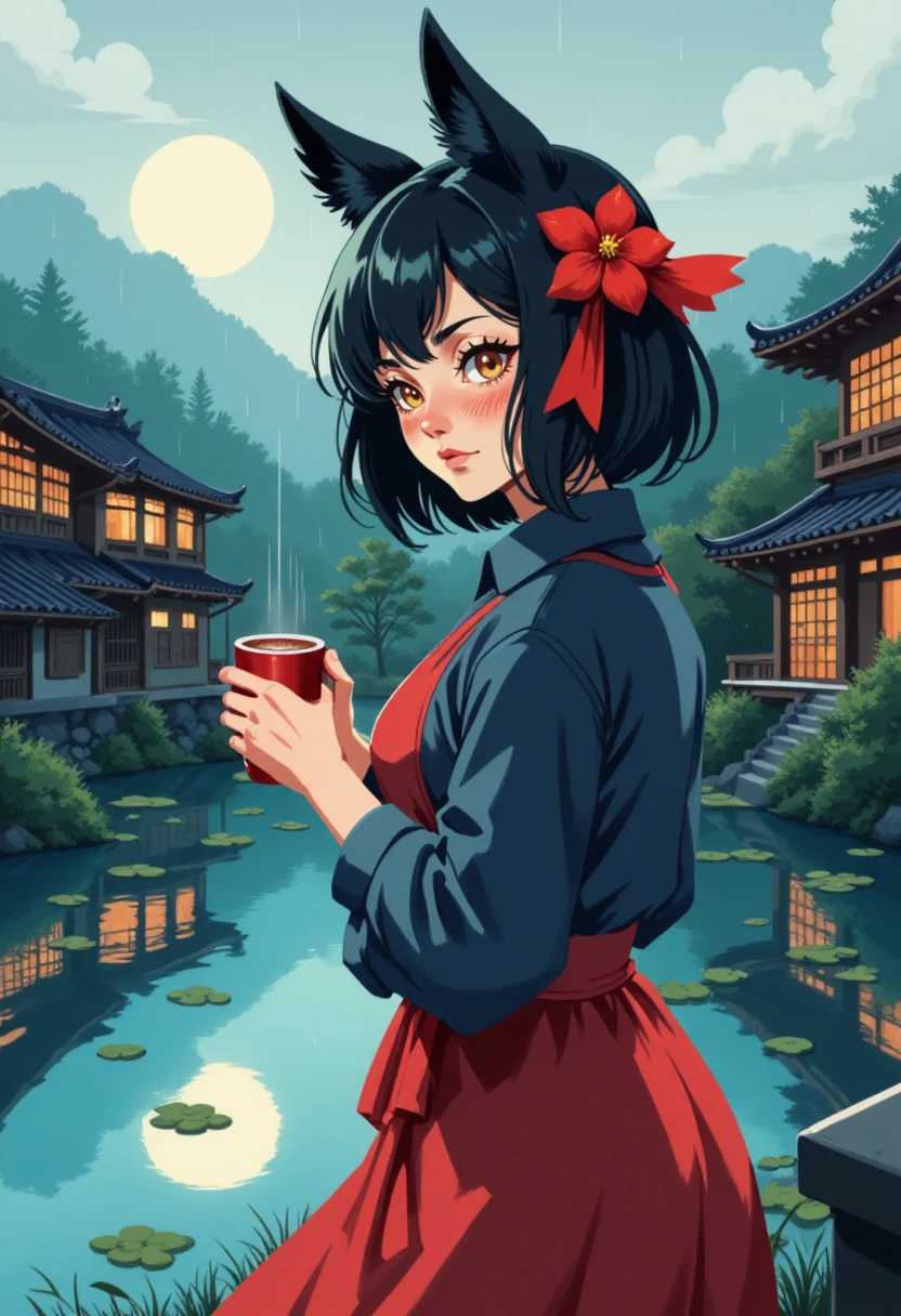 woman with fox ears black hair and a red flower in her hair holding a red cup standing by a serene pond with traditional Japanese buildings in the background. while rain, upper body, a  lineless digital illustration in the vmix style <lora:vmix2-f:2> vmix