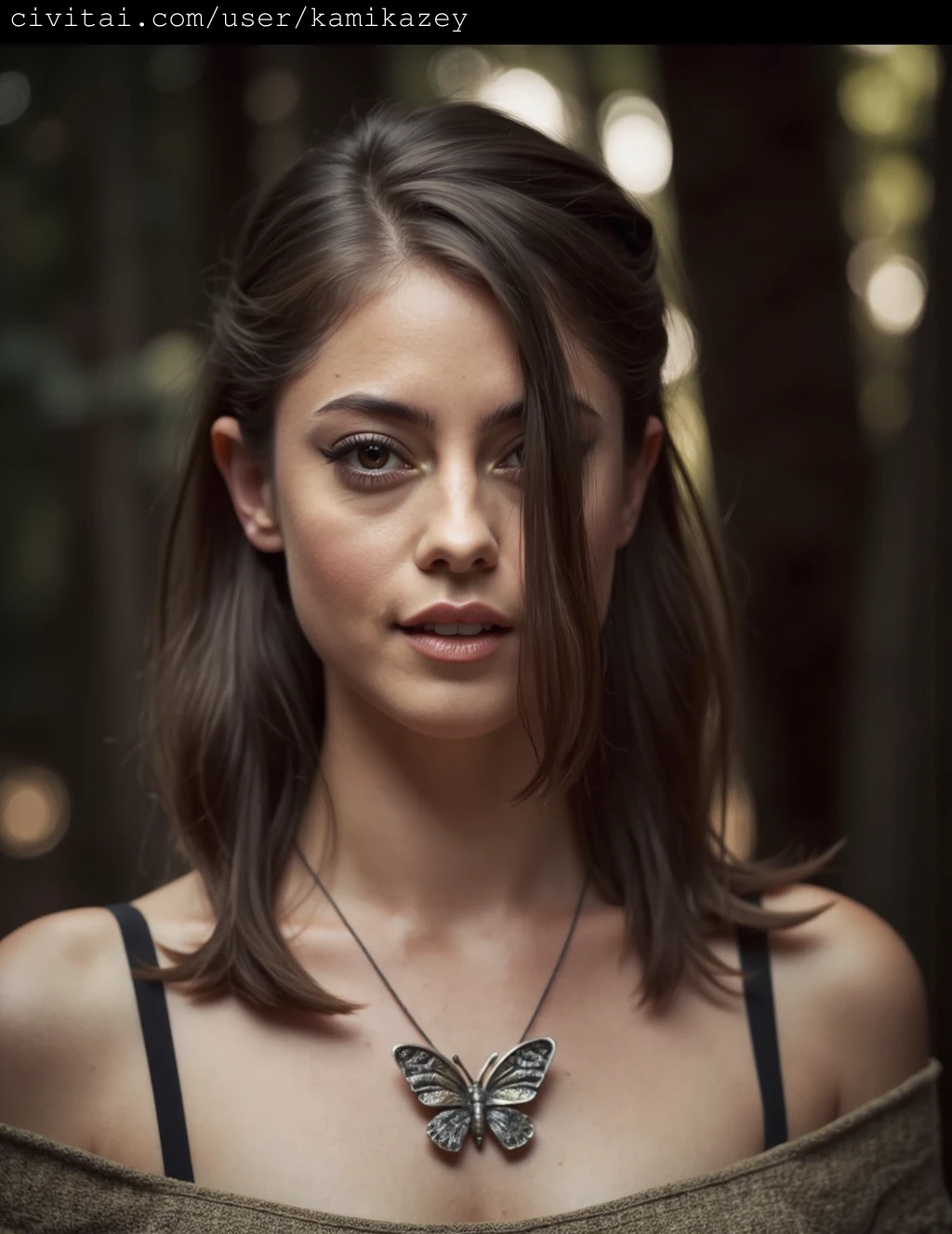 A high-resolution, artistic portrait of rosa_salazar with light skin and long, straight, auburn hair. Her hair cascades over her shoulders and partially covers her right eye, adding a touch of mystery and allure. She gazes directly at the camera with striking, brown eyes accentuated by dramatic, smoky eyeshadow. Her facial features are delicate, with a slender nose and full lips. She wears minimal makeup, emphasizing her natural beauty. 
She is dressed in a beige, off-the-shoulder, knitted sweater that adds texture and a cozy feel to her appearance. Around her neck, she wears a unique, ornate necklace featuring a large butterfly pendant made of metal, likely silver or bronze, which stands out against her pale skin and contrasts with the earthy tones of her sweater. The background is a blurred, bokeh effect of a forest or woodland setting, with dark, muted colors that enhance the focus on her face and necklace. The lighting is soft and natural, creating a warm and intimate atmosphere. The overall composition and style of the photograph are reminiscent of fine art photography, with a focus on detailed textures and natural lighting.