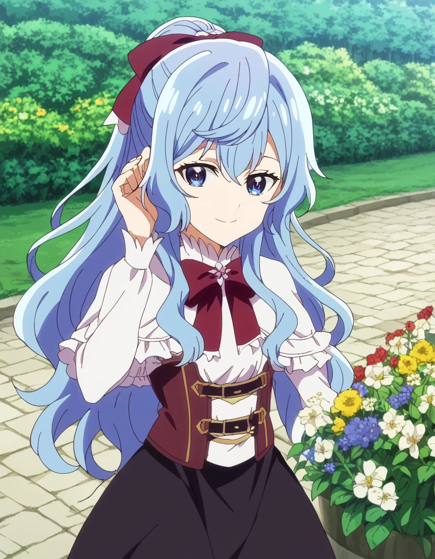 score_9, score_8_up, score_7_up, source_anime, <lora:liselotte-cretia-s2-ponyxl-lora-nochekaiser:1>, liselotte cretia, long hair, blue eyes, bow, blue hair, ponytail, hair bow, red bow, anime screencap,, dress, capelet, corset, frills, long sleeves, black skirt,, garden, flowers, path, plants, tranquil, smile, <lora:tucking-hair-ponyxl-lora-nochekaiser:1>, tucking hair, adjusting hair, hand on own hair, hair behind ear,, looking at viewer, solo,, cowboy shot