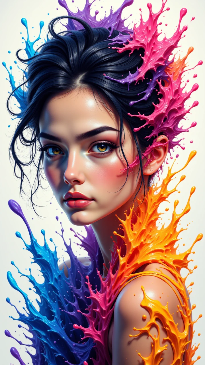 a beautifulgirl , closed eyes ,portrait , style-paintmagic , (((splash of paint))) , colorful , ((((floating colorful paint)))