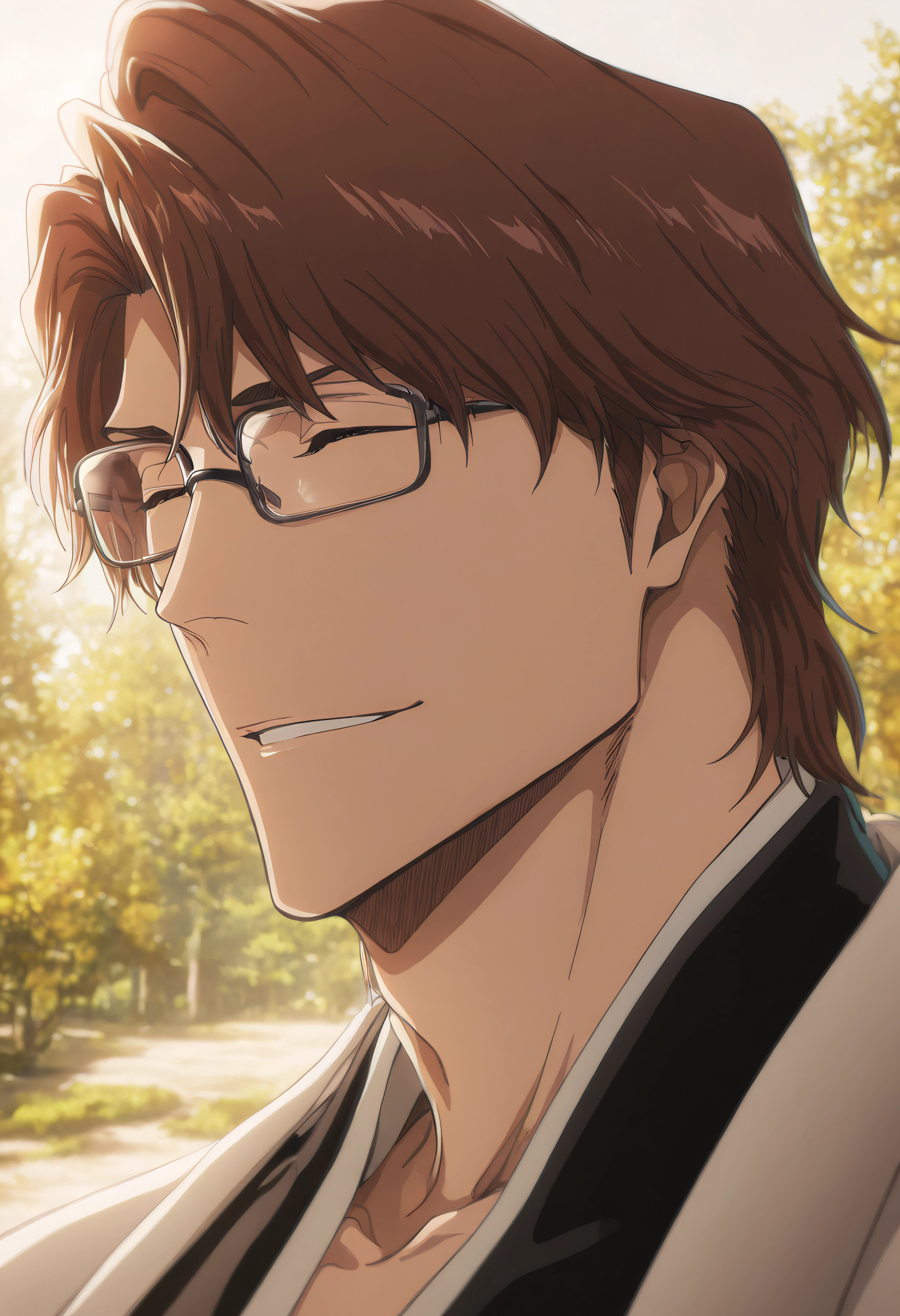 masterpiece, best quality, amazing quality, very aesthetic, absurdres, newest, (scenery, volumetric lighting),
aizen sousuke, solo, smile, brown hair, 1boy, closed eyes, vslinxaizen_ss, male focus, parted lips, glasses, portrait, close-up
masterpiece, best quality, amazing quality, very aesthetic, absurdres, newest, (scenery, volumetric lighting)