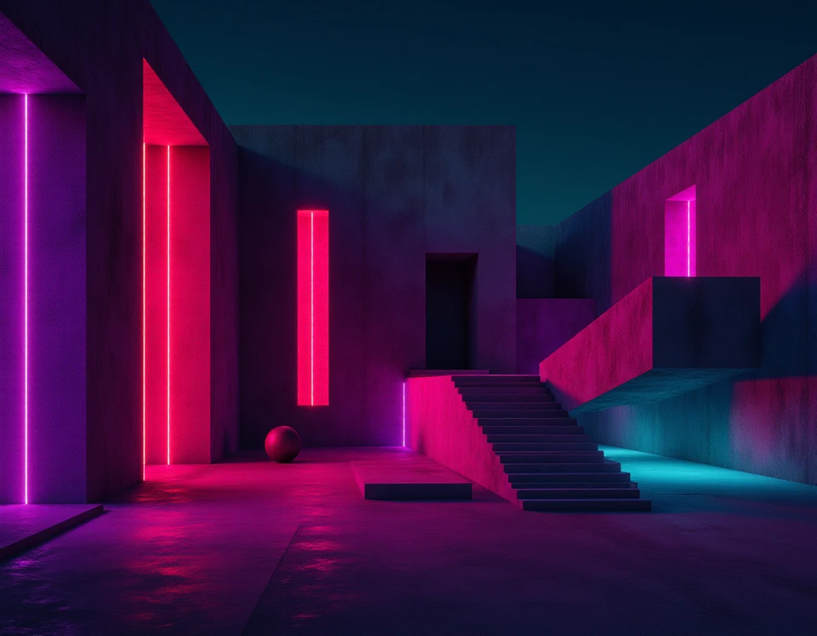 nighttime photo of a ff-mp building featuring colorful concrete walls with glowing neon rimlighting.
<lora:Minimalist_Photos:1>