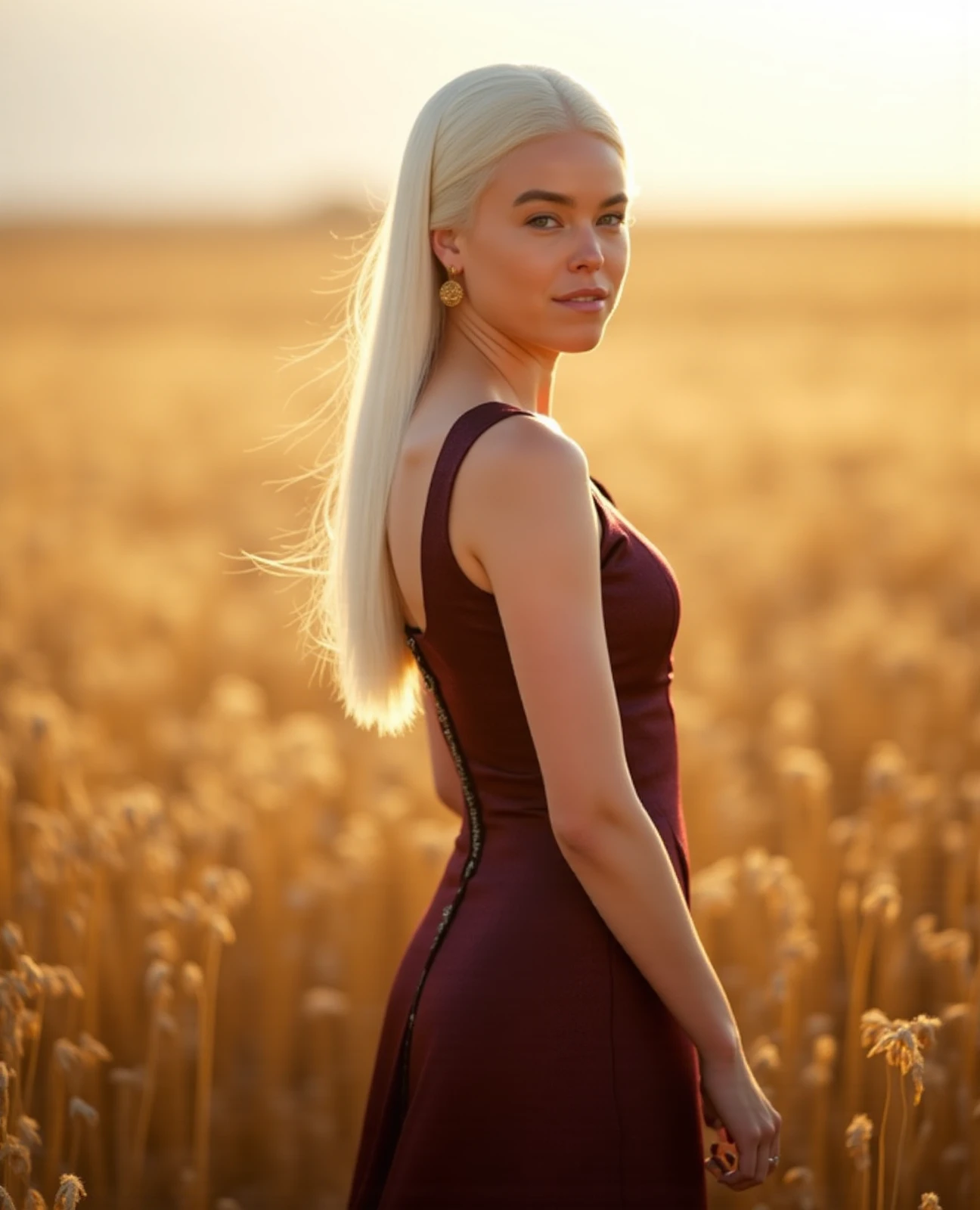 Professional photograph of Rhaenyra Targryen in a chic dress. She is standing in a wheat field. The zenithal light is magnificent and softens the atmosphere. She has long, beautiful white hair. The lens is focused on her face.