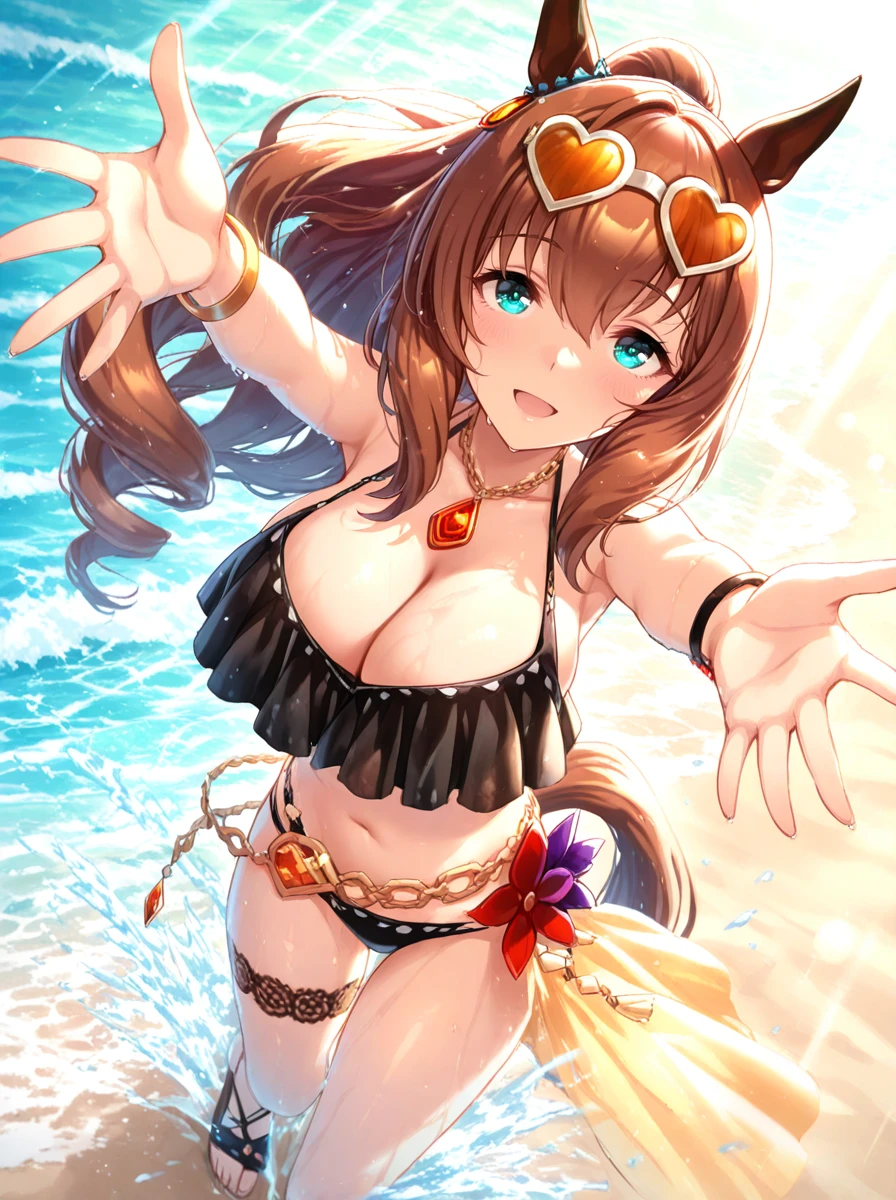 masterpiece, best quality,
maruzensky \(umamusume\), 1girl, heart-shaped eyewear, horse ears, heart-shaped sunglasses on head, horse tail, cleavage, black sandals, black bikini, looking at viewer, full body, navel, smile, pendant choker, black lace thigh strap, ponytail, outstretched arms, black frilled bikini top, single gold wrist bangle, mismatched bracelet, single black wristband, waist flower, gold ear ornament, gold chain belt
big smile,open mouth, light rays,lens flare,light particles,motion blur, cowboy shot,ocean, sand, beach, waves, wet clothes, splashing,
<lora:ILL_maruzensky_ver1.04:1>