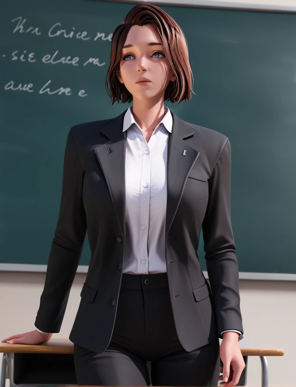 masterpiece,best quality,amazing quality,very aesthetic,absurdres,newest,scenery,highres,1girl,masterpiece, best quality, collared shirt, maxine_de, black suit jacket, open suit jacket, solo, low angle, black pants,classroom, blackboard, brown hair,  blue eyes, <lora:MaxineDE_IL_v6:1>