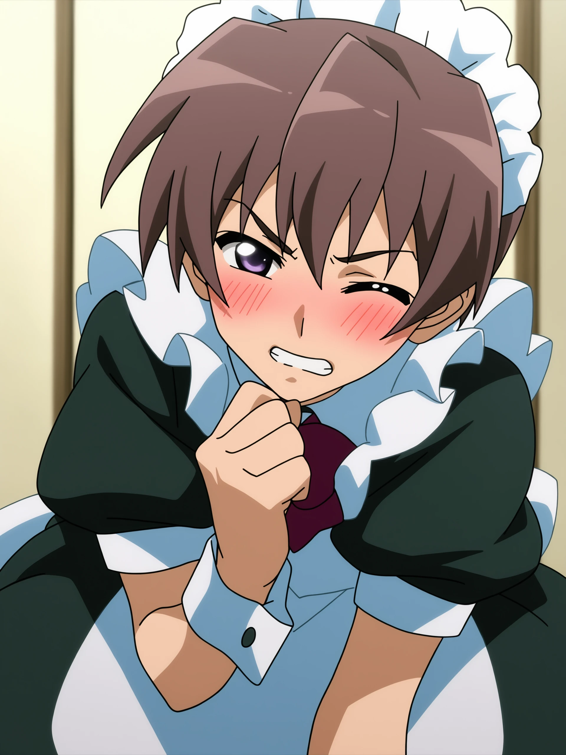 higurashikira, anime screencap, anime coloring, solo, blush, short hair, brown hair, 1boy, purple eyes, male focus, teeth, one eye closed, wrist cuffs, maid, maid headdress, parody, clenched teeth, crossdressing, maebara keiichi, 
(masterpiece, best quality, absurdres, highres, newest, very awa, year 2024:1.2),  