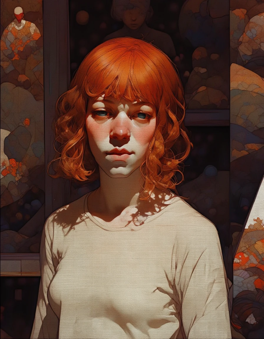 Steve McDonald Art. This image is a digital painting in a realistic style, depicting a young woman with striking, bright orange-red hair styled in soft, loose curls that frame her face. Her skin is pale, and her expression is calm yet slightly contemplative. She wears a simple, long-sleeved white shirt that has a slightly textured appearance, suggesting it is made of a fabric like linen or cotton. The background is a dark, muted brown, with a mix of abstract, swirling patterns that create a sense of depth and mystery. 
To the left and right of the woman, there are indistinct shapes that hint at other figures or objects, but they are blurred and out of focus, drawing attention back to the central subject. The lighting is soft and natural, casting gentle shadows that enhance the texture of her hair and the fabric of her shirt. The overall mood of the painting is serene and introspective, with a hint of melancholy. The use of warm and cool tones in the color palette creates a rich, almost ethereal atmosphere, adding to the emotional depth of the composition. The image is signed in the bottom right corner, but the artist's name is not visible. <lora:Steve_McDonald:1.5>